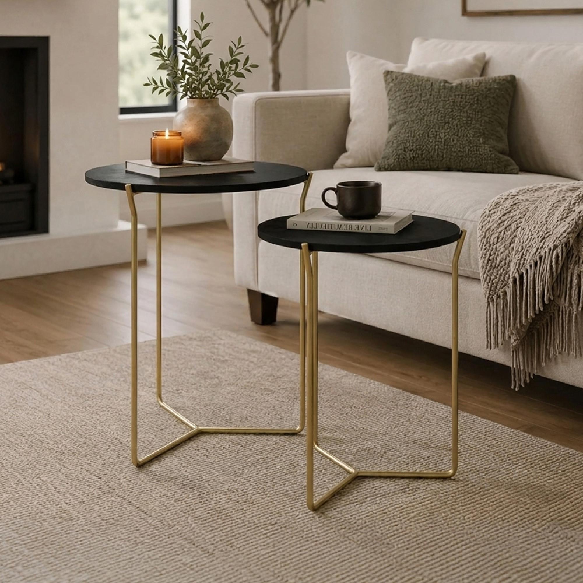 Mason Side Table - Round - 2 Tier - Black and Gold - Wooden