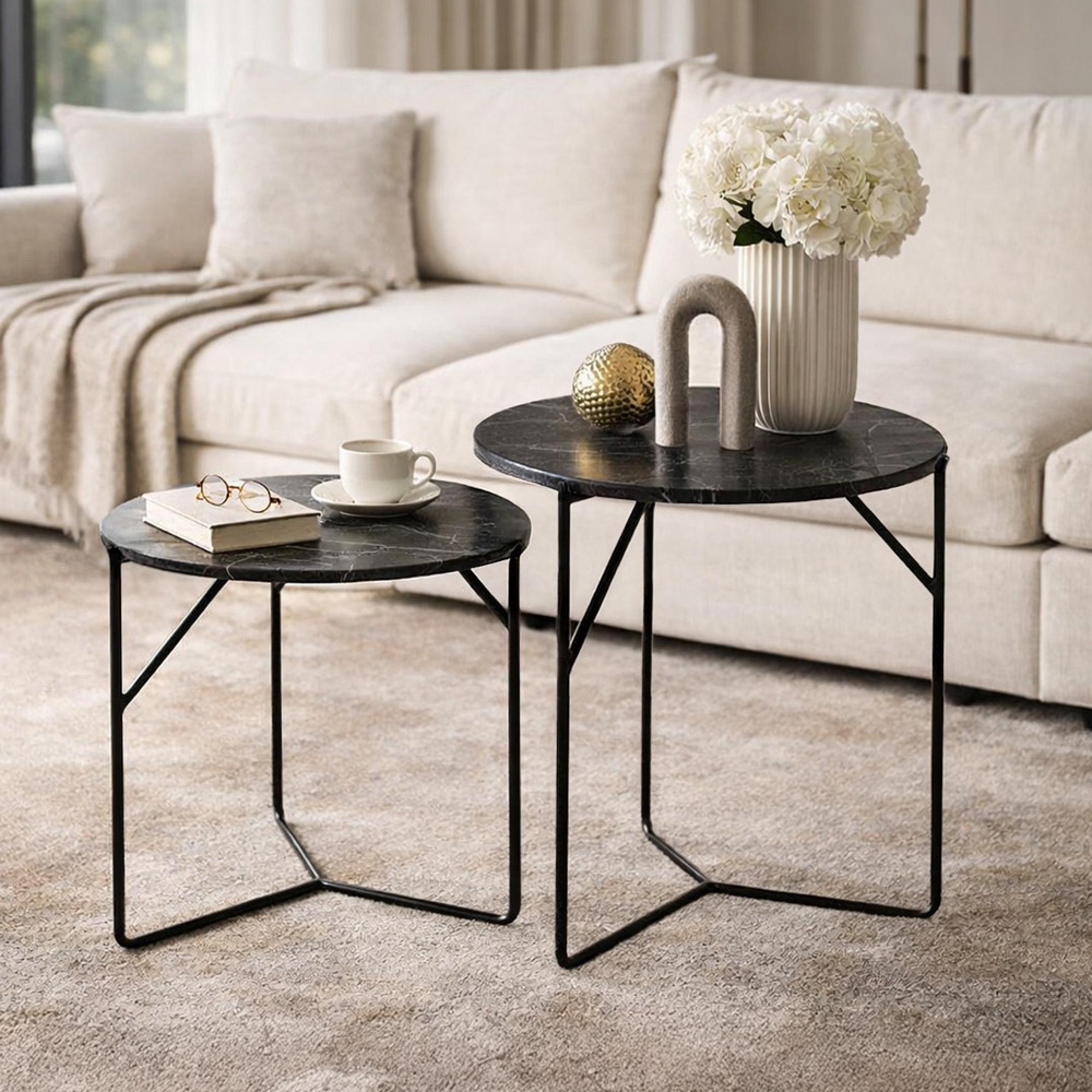 Mason Side Table - Round - 2 Tier - Black - Marble