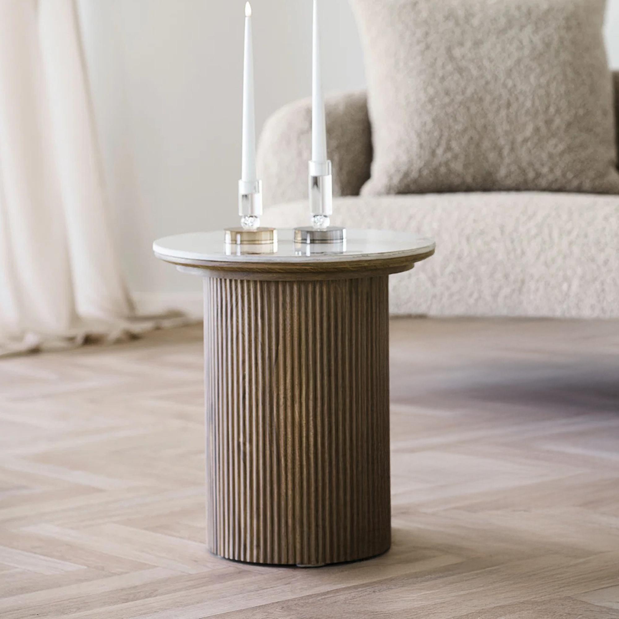 Athens Side Table - Round - Fluted Base - White and Brown - Ceramic and Wooden