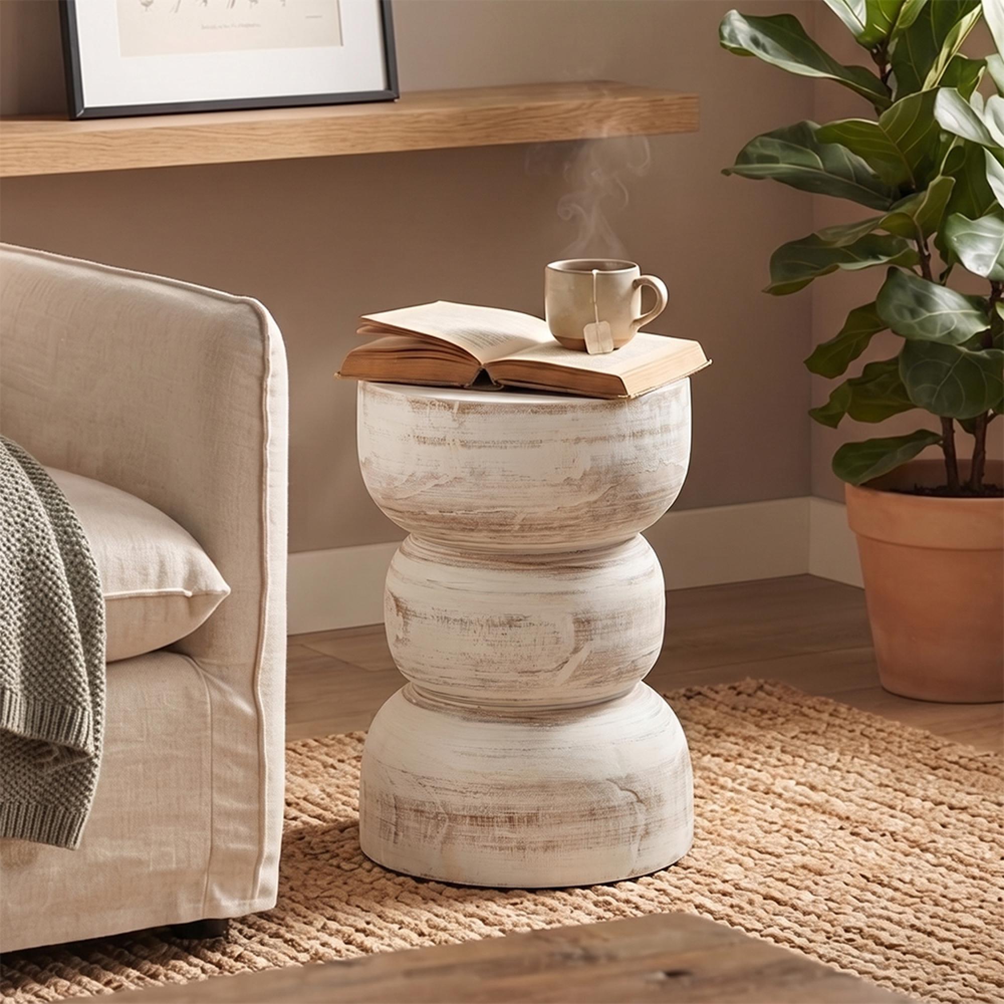 Leo Paulownia Side Table - Round - White - Wooden