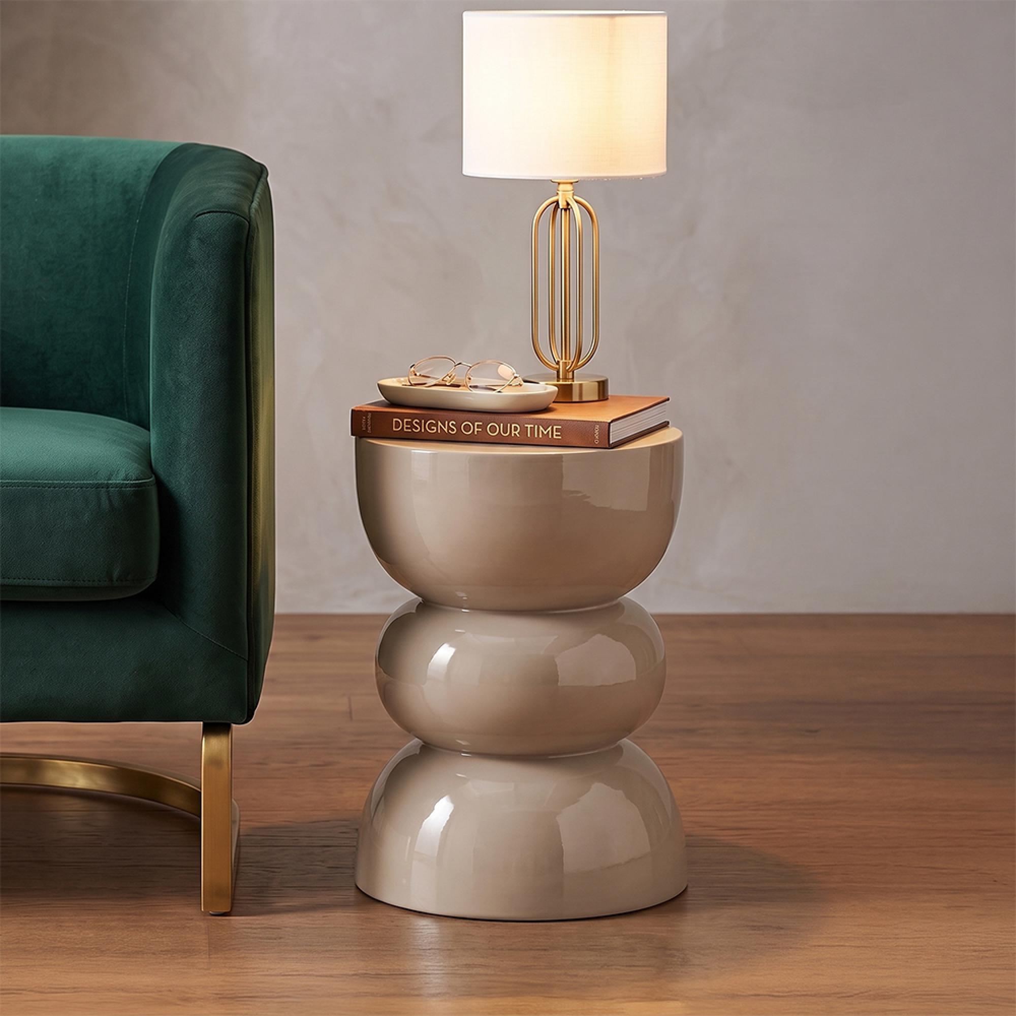 Shiny Curved Side Table - Round - Sculptural Drum Base - Beige - Metal