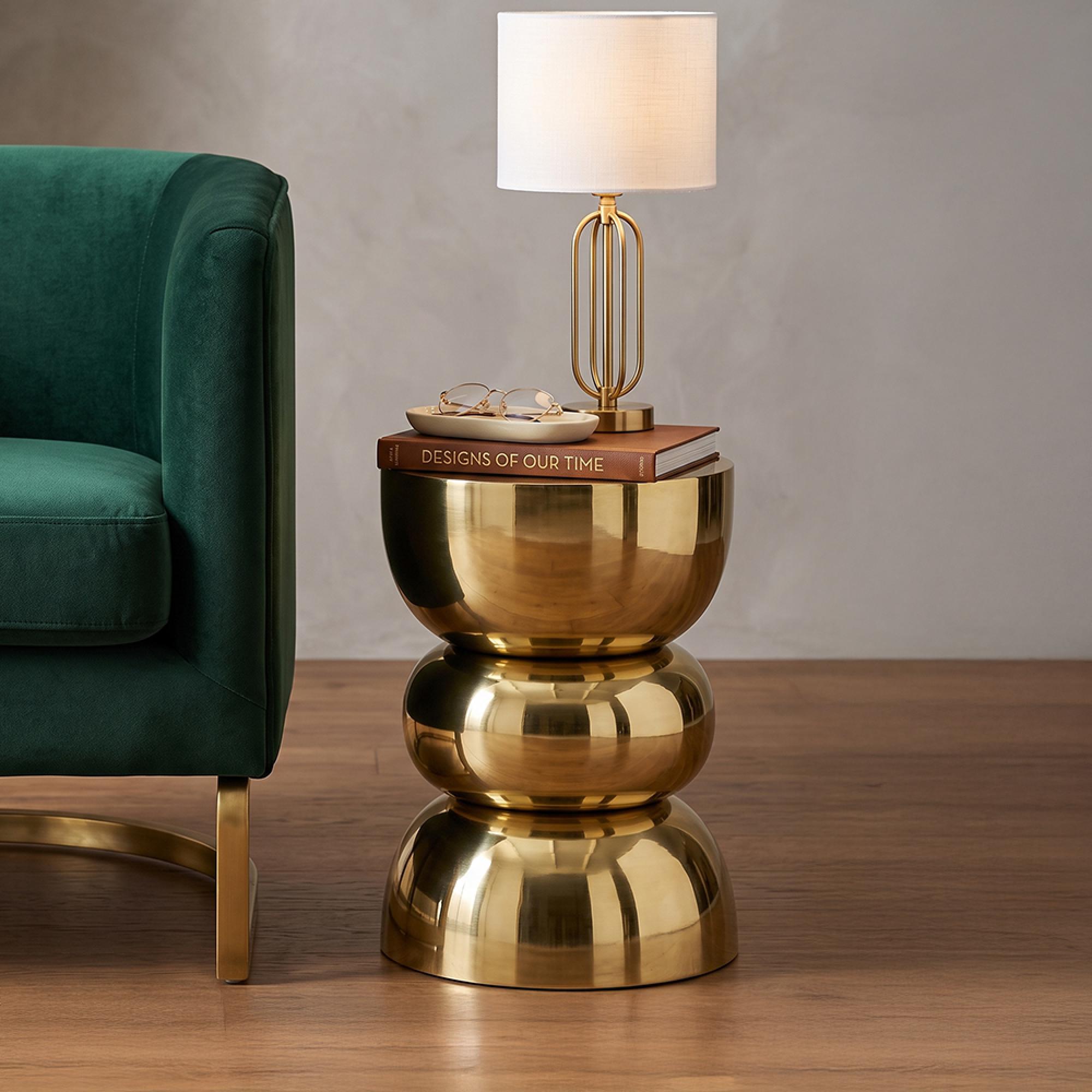 Shiny Curved Side Table - Round - Sculptural Drum Base - Gold - Metal