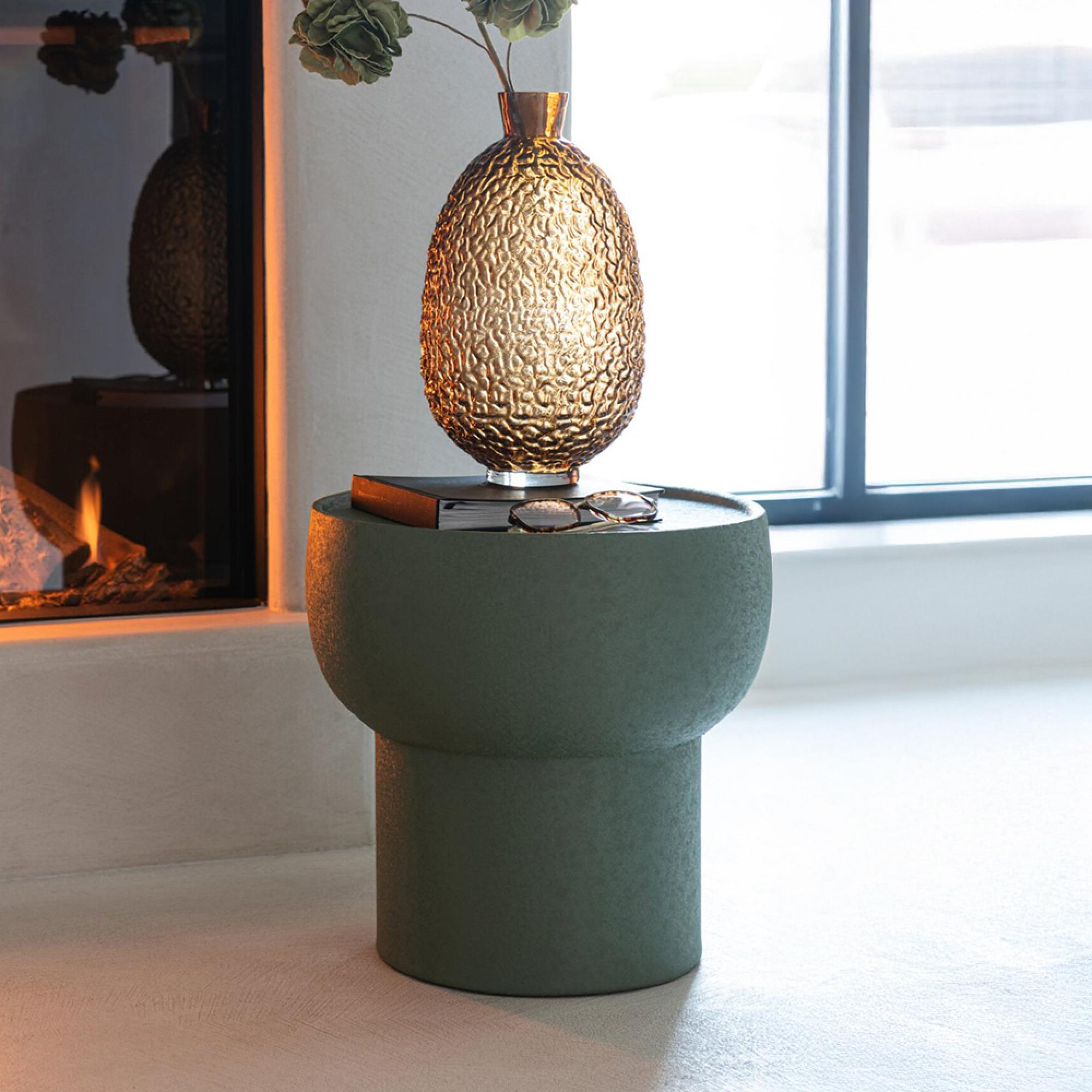 Side Table - Round - Cylindrical Drum Base - Olive Green - Metal