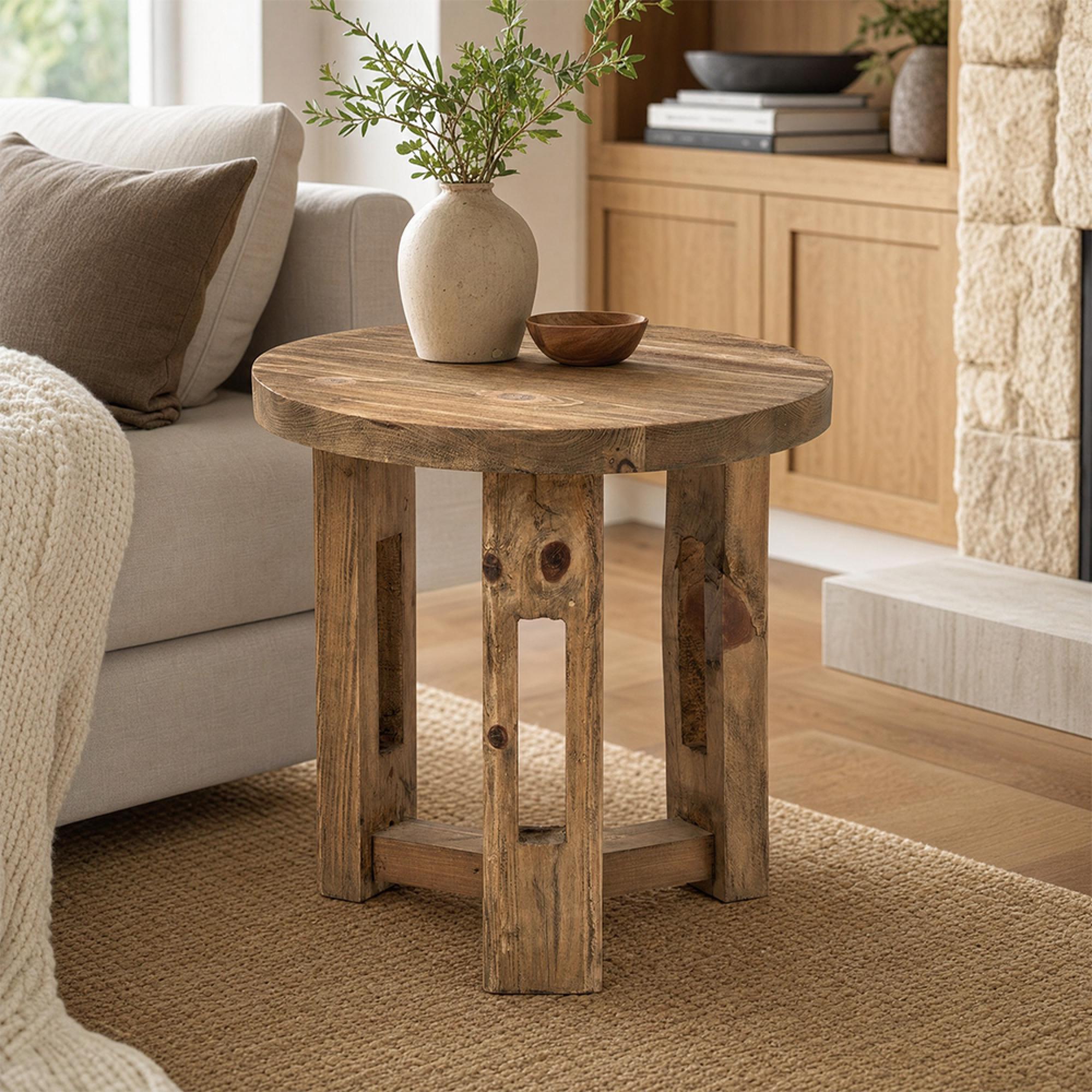 Side Table - Round - Open Frame Base - Brown - Recycled Wood