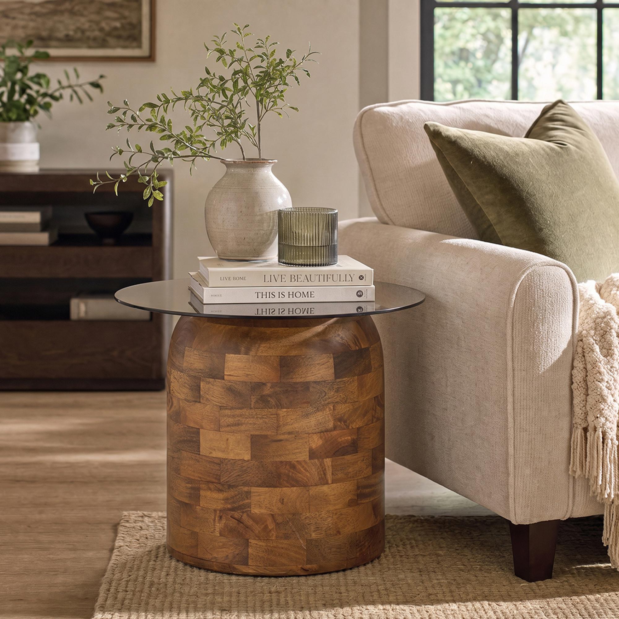 Side Table - Round - Pedestal Base - Smoked and Natural - Glass and Mango Wood
