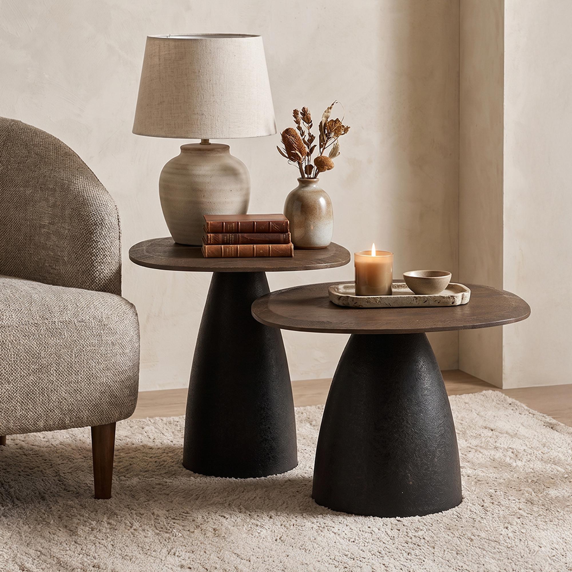 Side Table - Set of 2 - Abstract - Pedestal Bases - Dark Brown and Black - Mango Wood