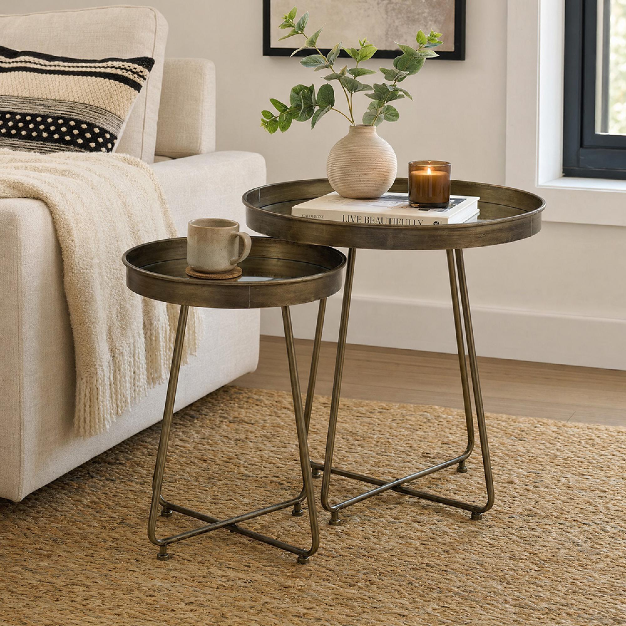 Side Table - Set of 2 - Round - Curved Leg - Antique Brass - Mirrored and Metal