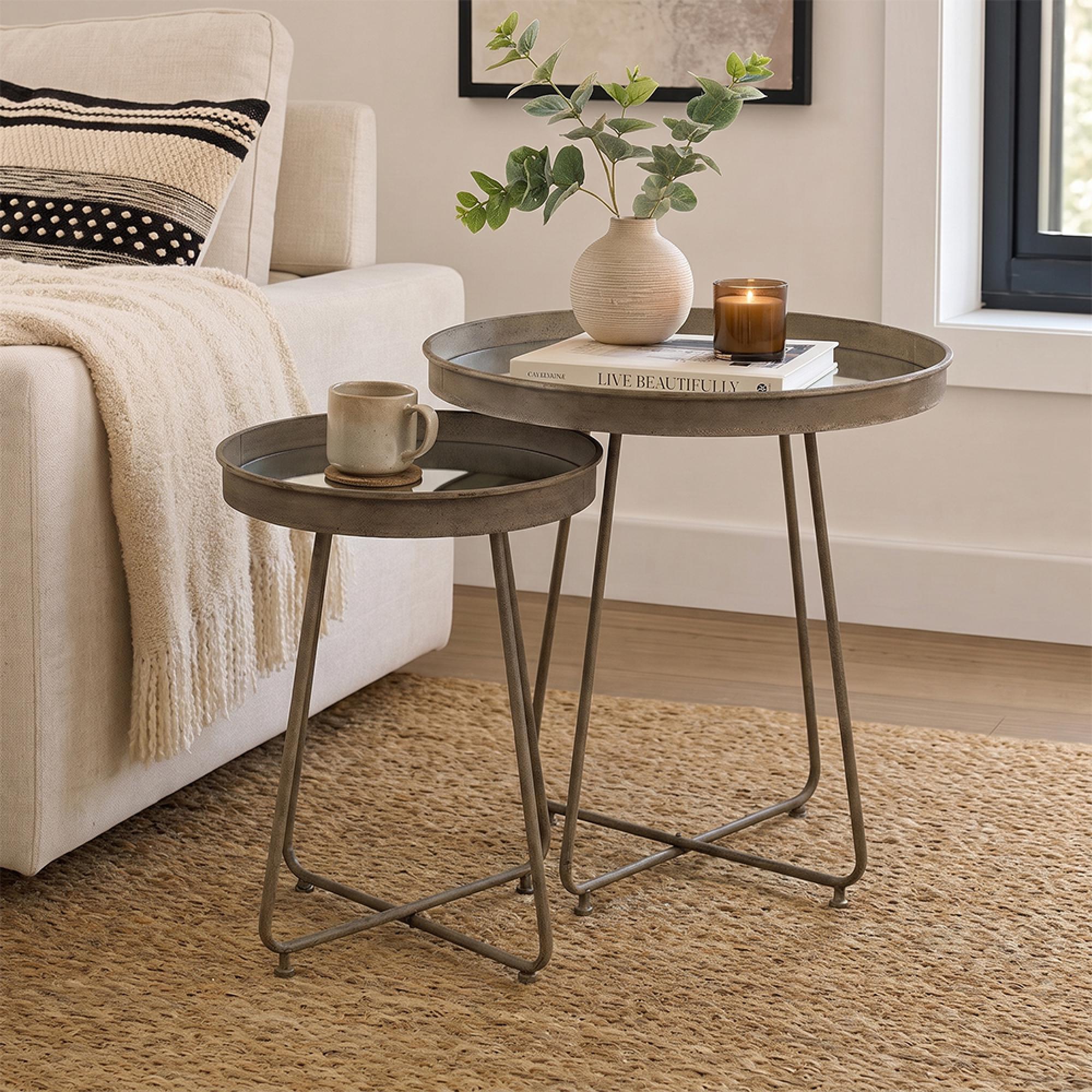 Side Table - Set of 2 - Round - Curved Leg - Rust Brown - Mirrored and Metal