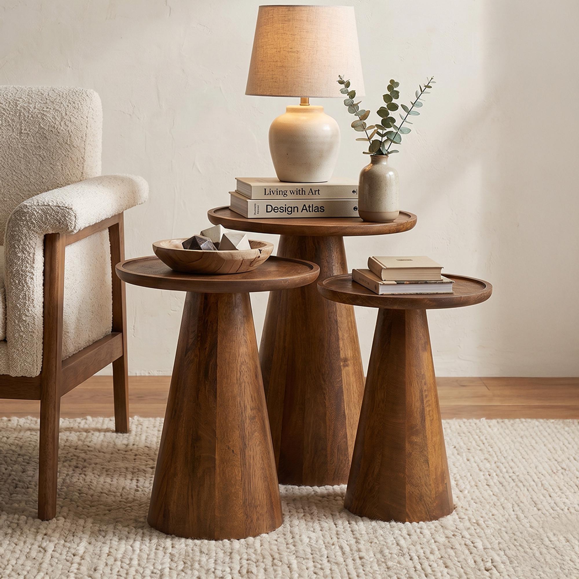Side Table - Set of 3 - Round - Cone Base - Natural - Mango Wood