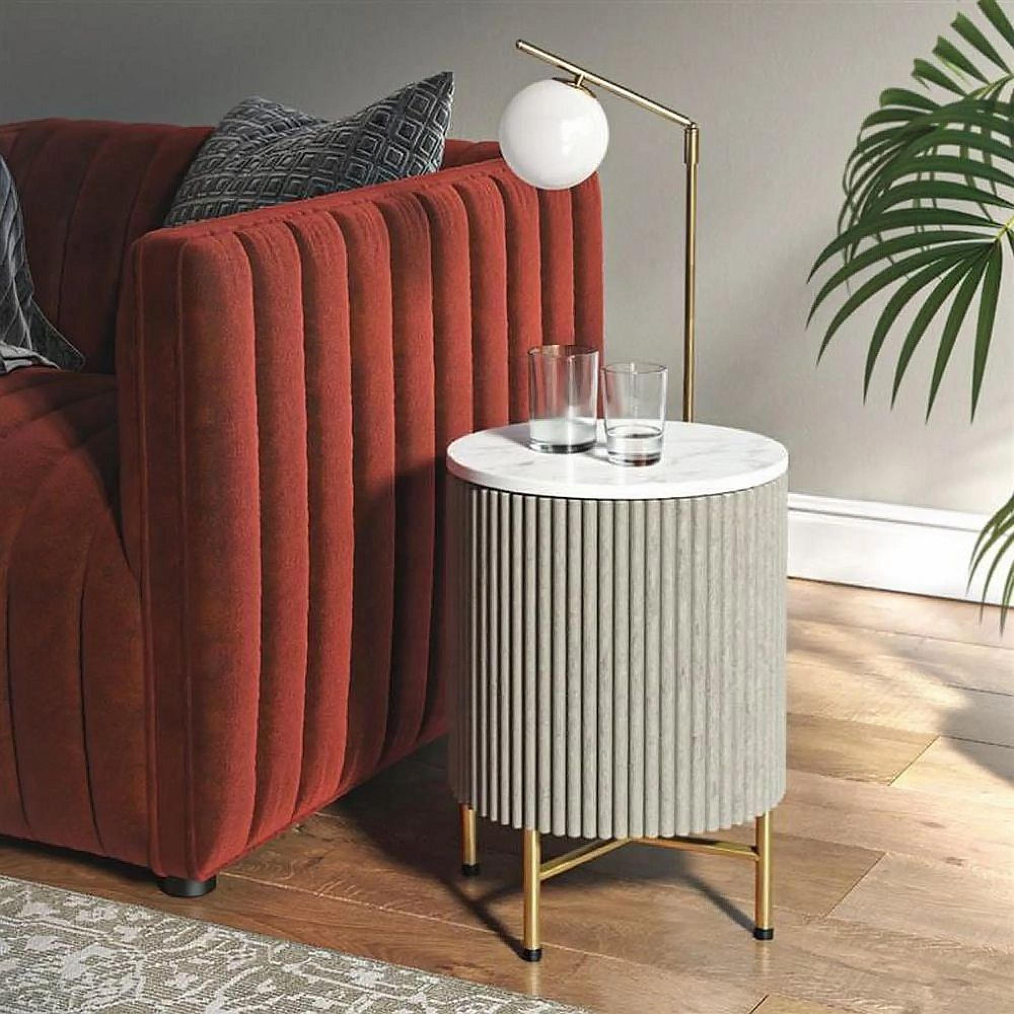 Clearance - Isabella Grey Side Table - Round Fluted - White Marble Top - FSS17480