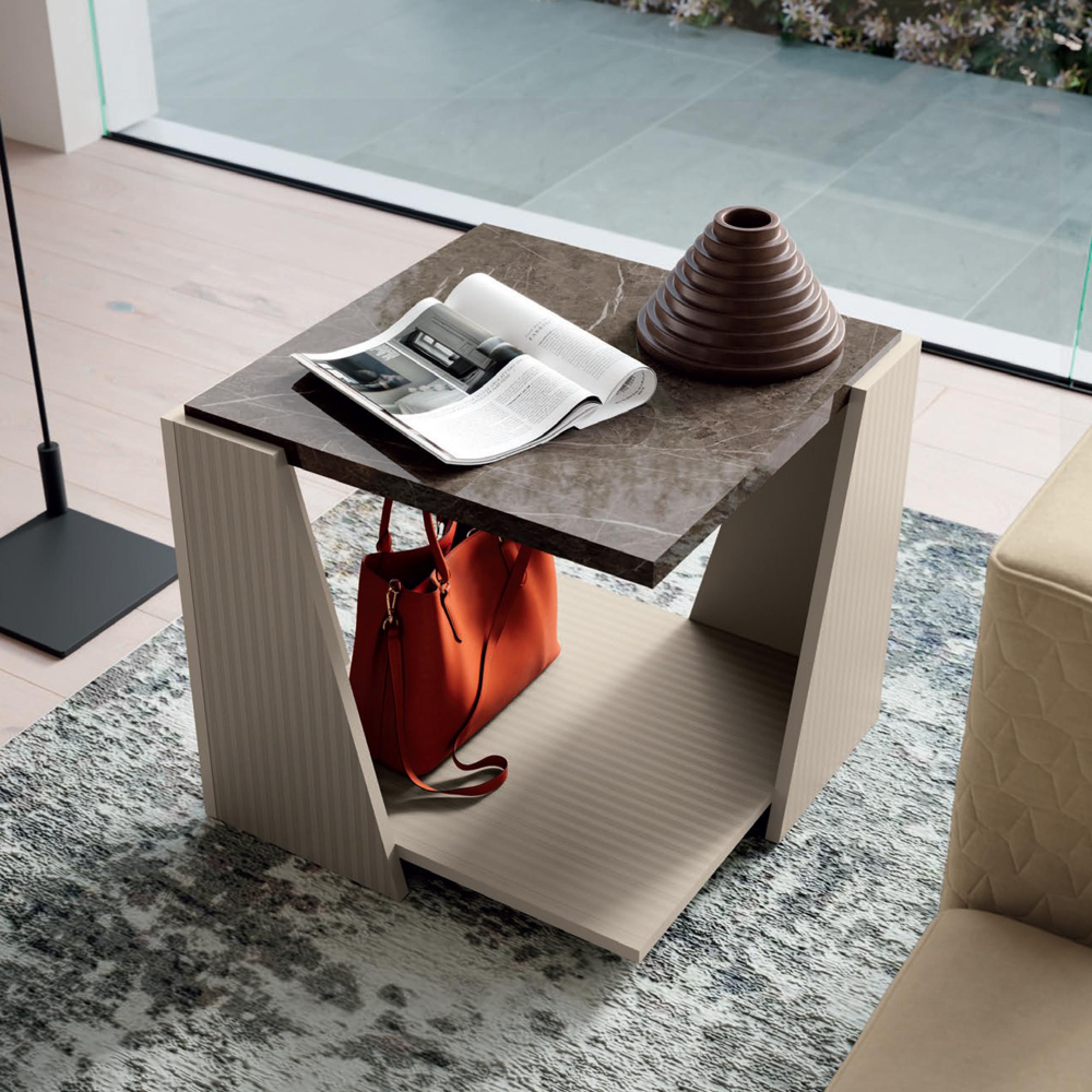 Fidia Italian Side Table - Square - Fluted - Emperador Taupe - Marquinia Marble Effect Top