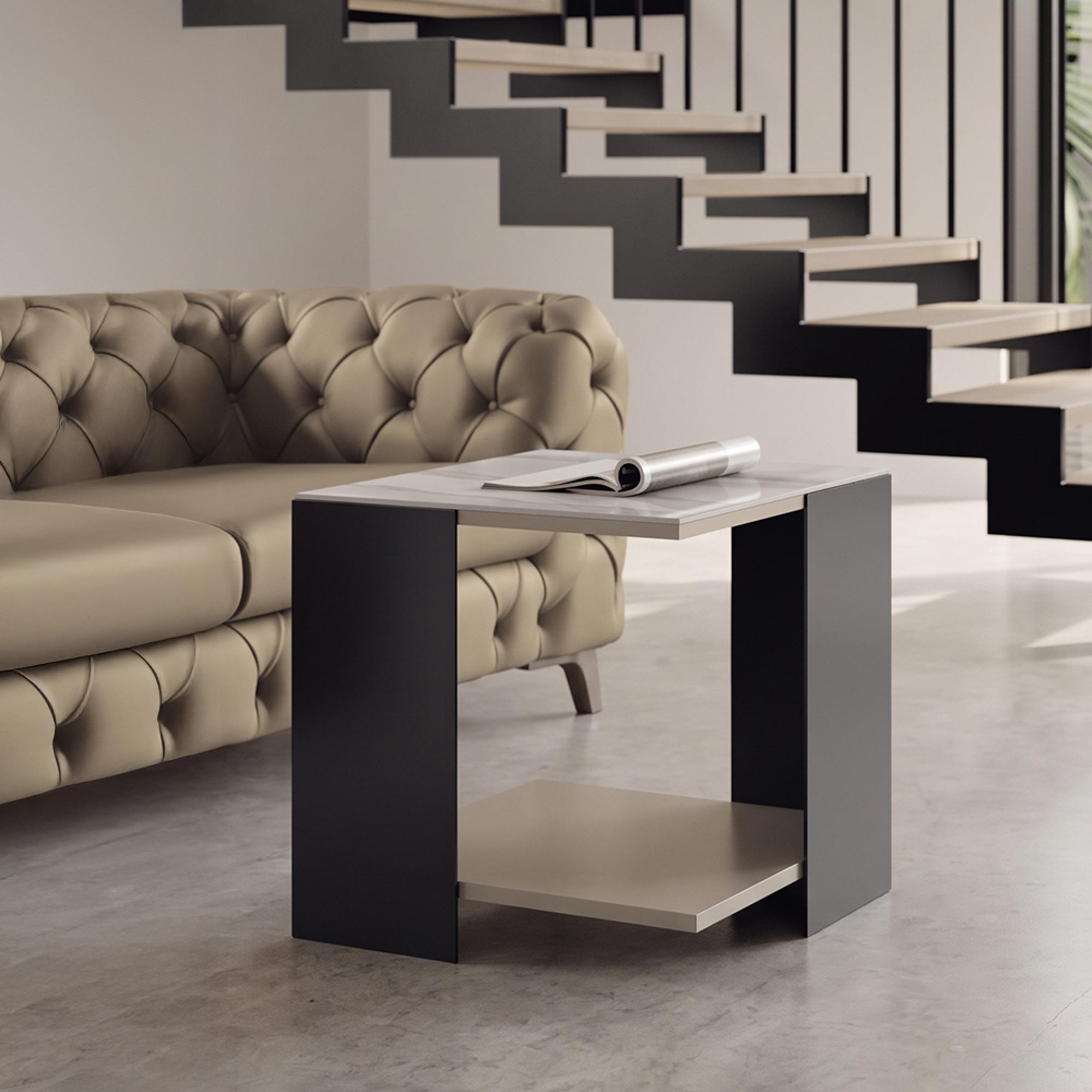 Zenith Italian Square Side Table - Calacatta Gold and Black - Ceramic Top
