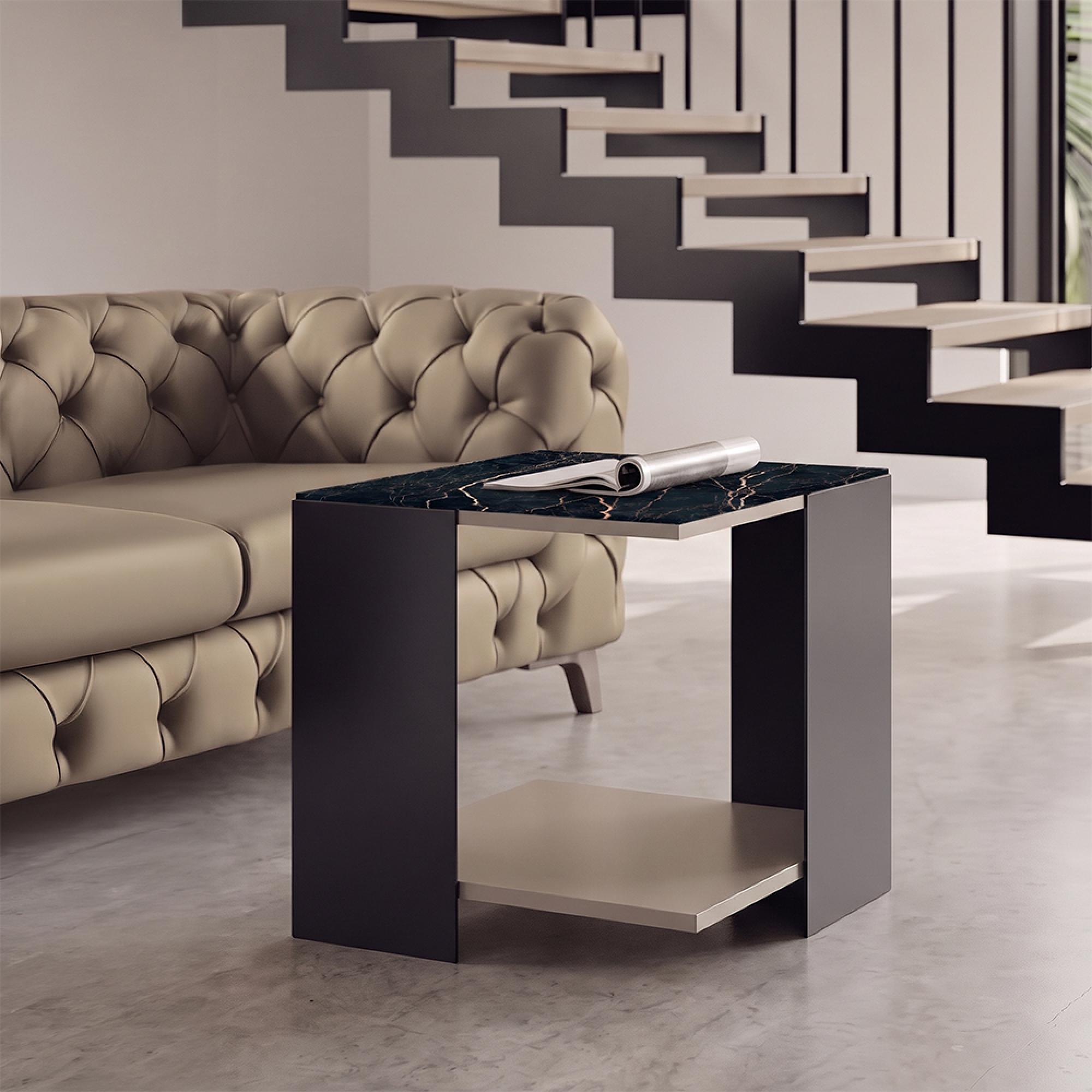 Zenith Italian Square Side Table - Thunder Night and Black - Ceramic Top