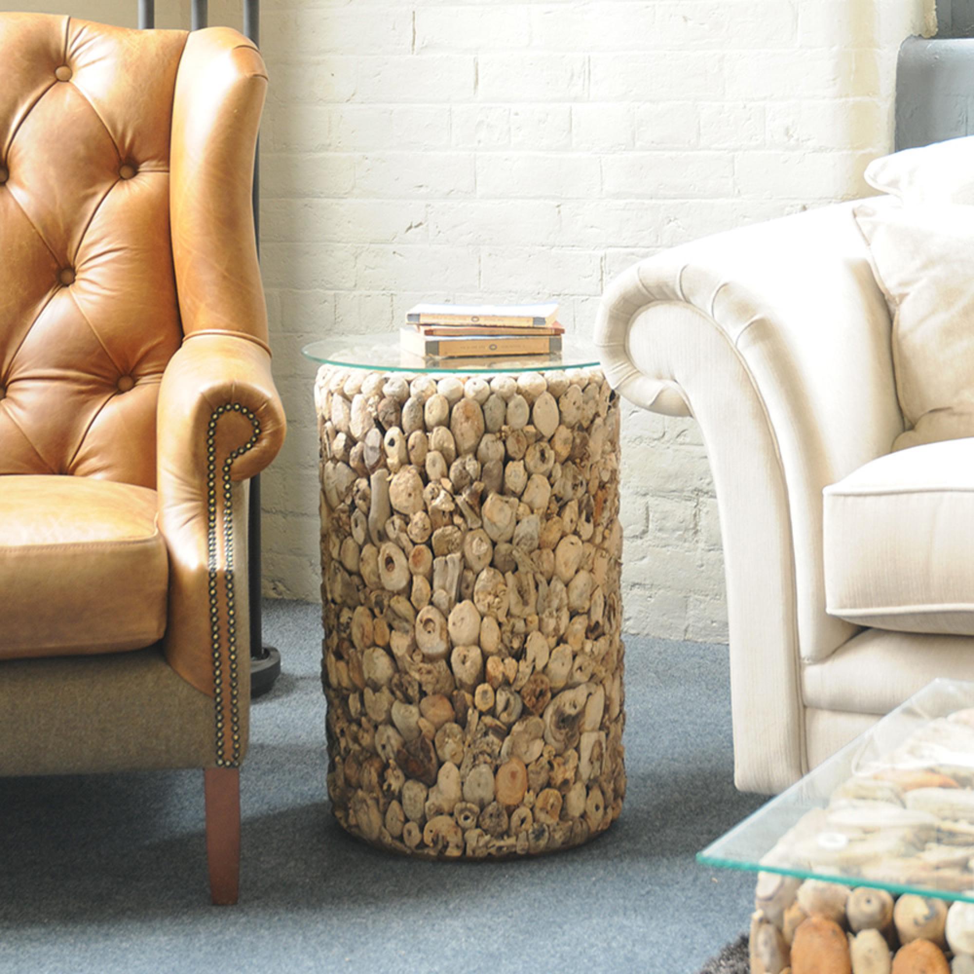 Driftwood Lamp Table - Tall - Round - Glass Top