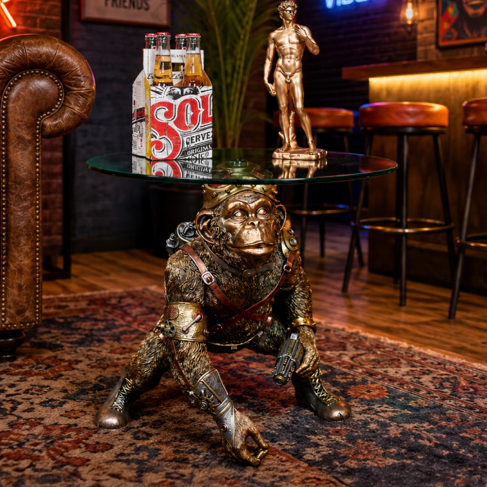 Side Table - Glass Round - Gold Monkey Base - Metal