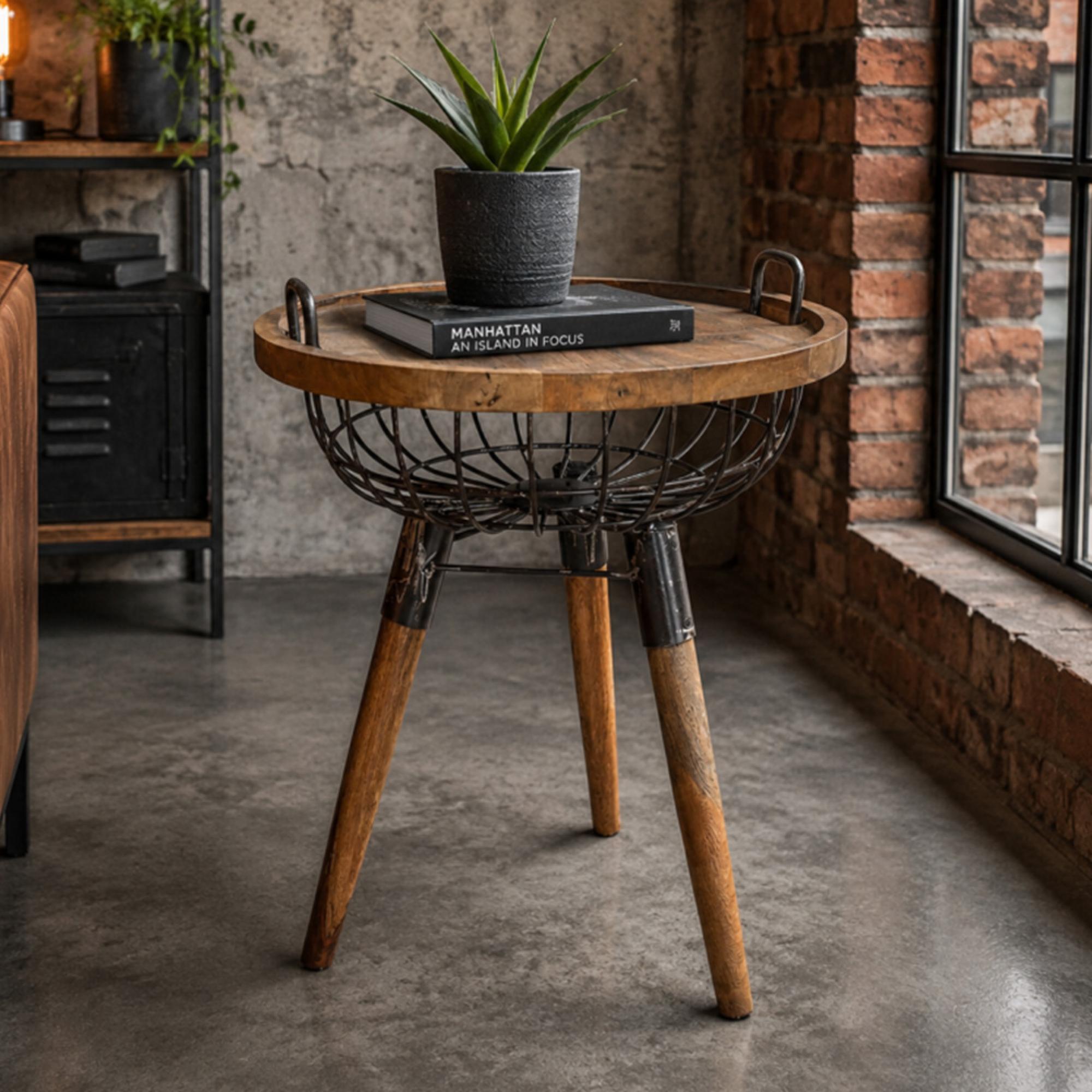 Side Table - Wood and Metal - Round - Basket Style