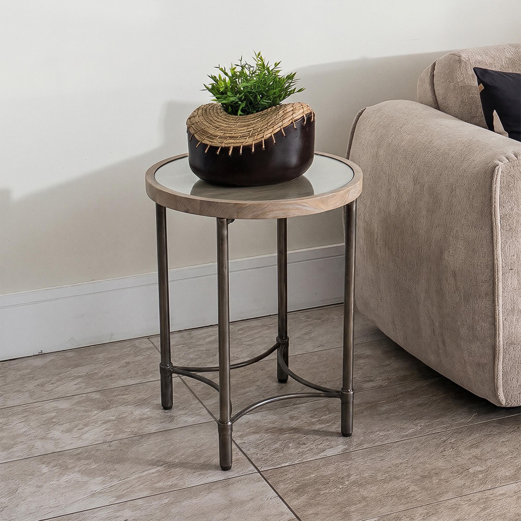 Mango Wood - Lamp Table - Round with Metal Base