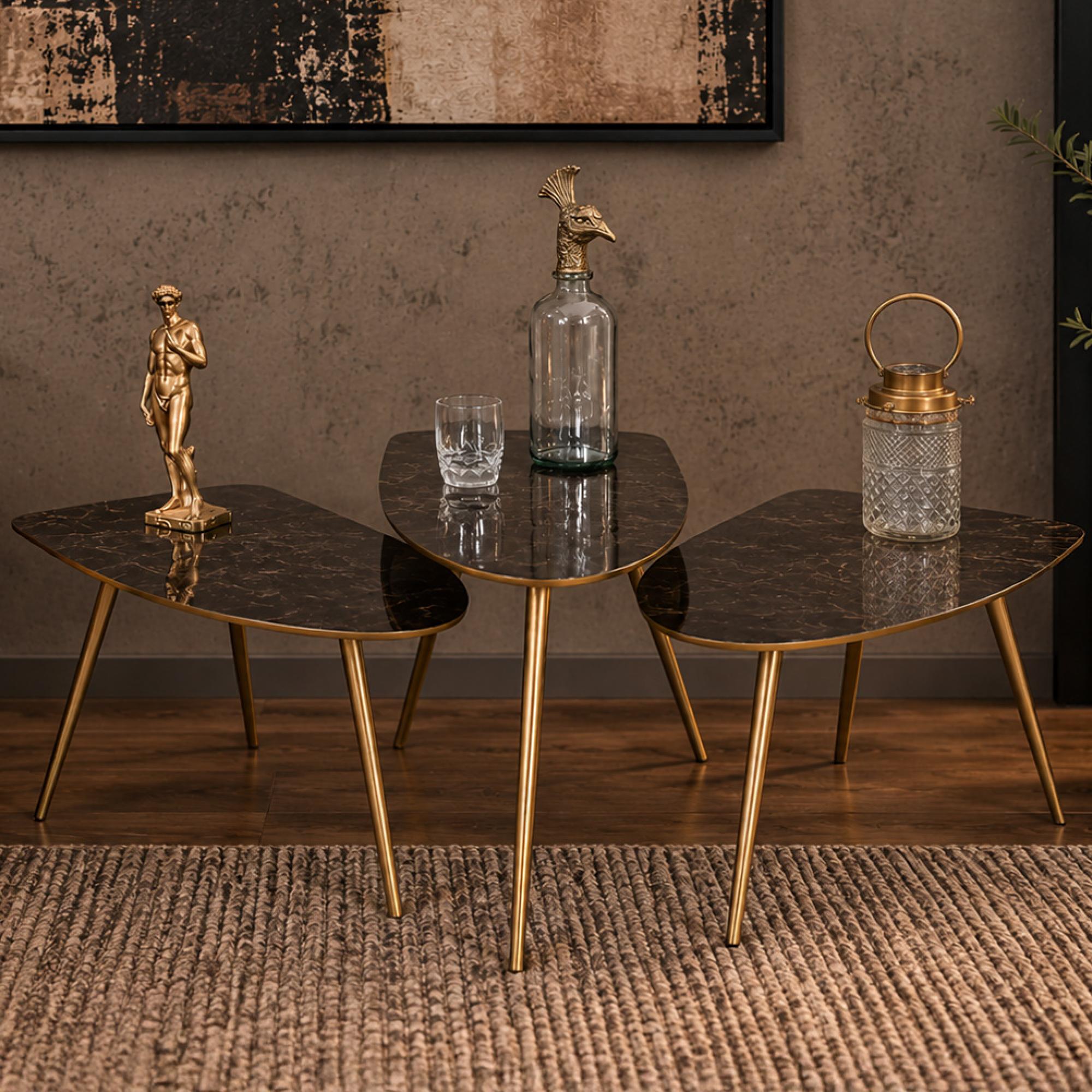 Side Table - Set of 3 - Abstract - Black and Gold - Aluminium