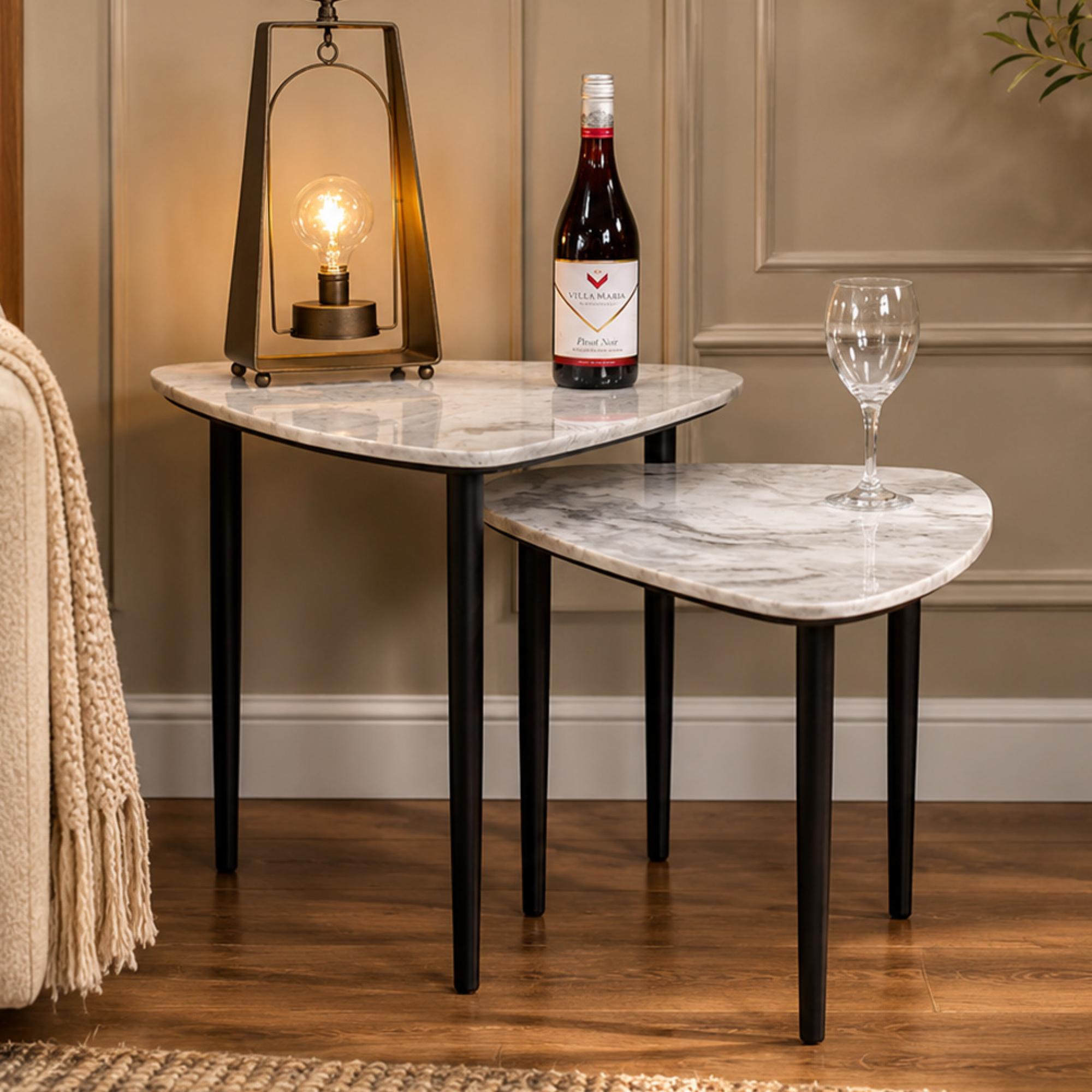 Side Tables - Grey Marble Top - Triangular - 2 Piece - Set of 2