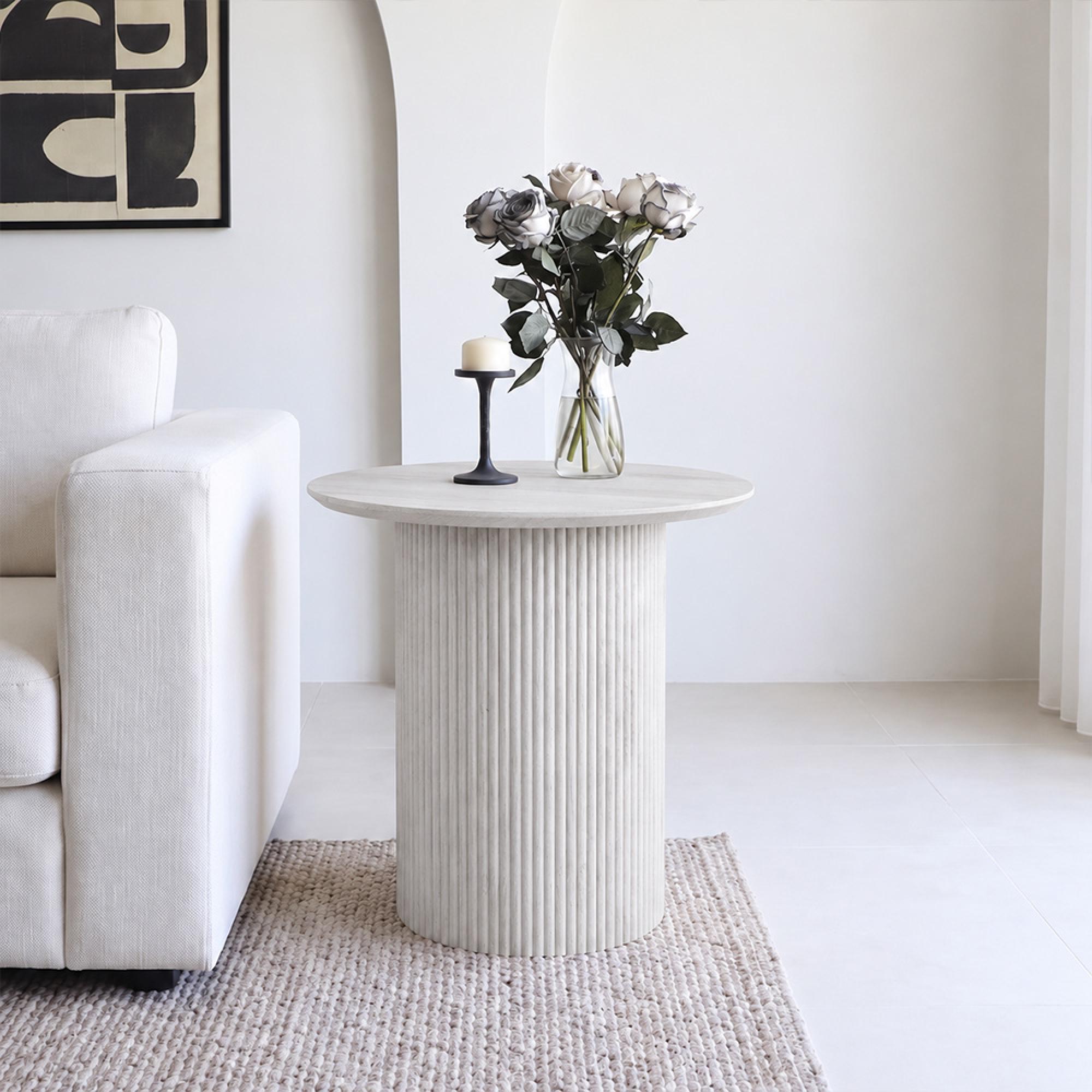 Bern Fluted White Washed Oak Drum Base Round End Table