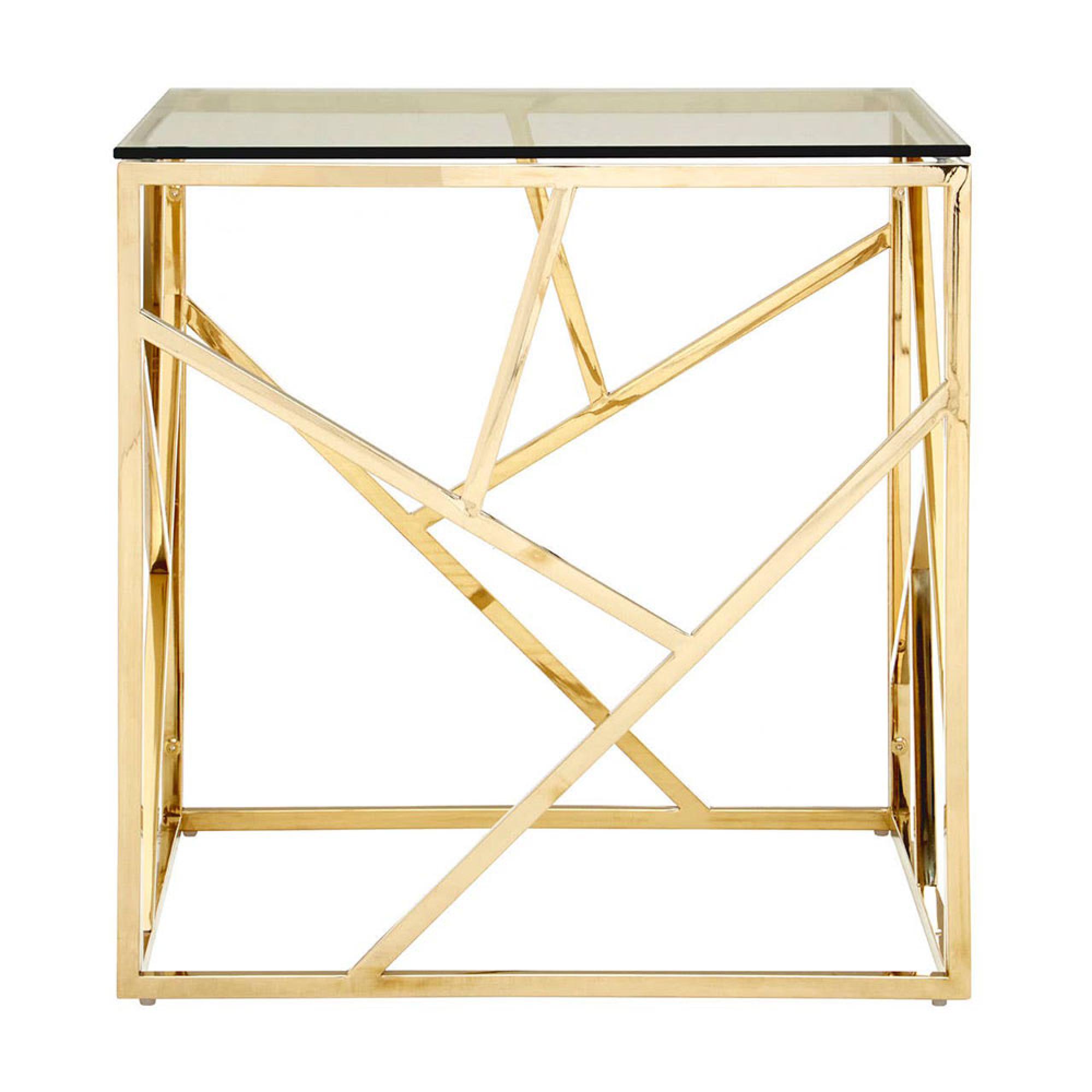 Allure End Table - Square - Clear Glass - Champagne Gold Geometric Base