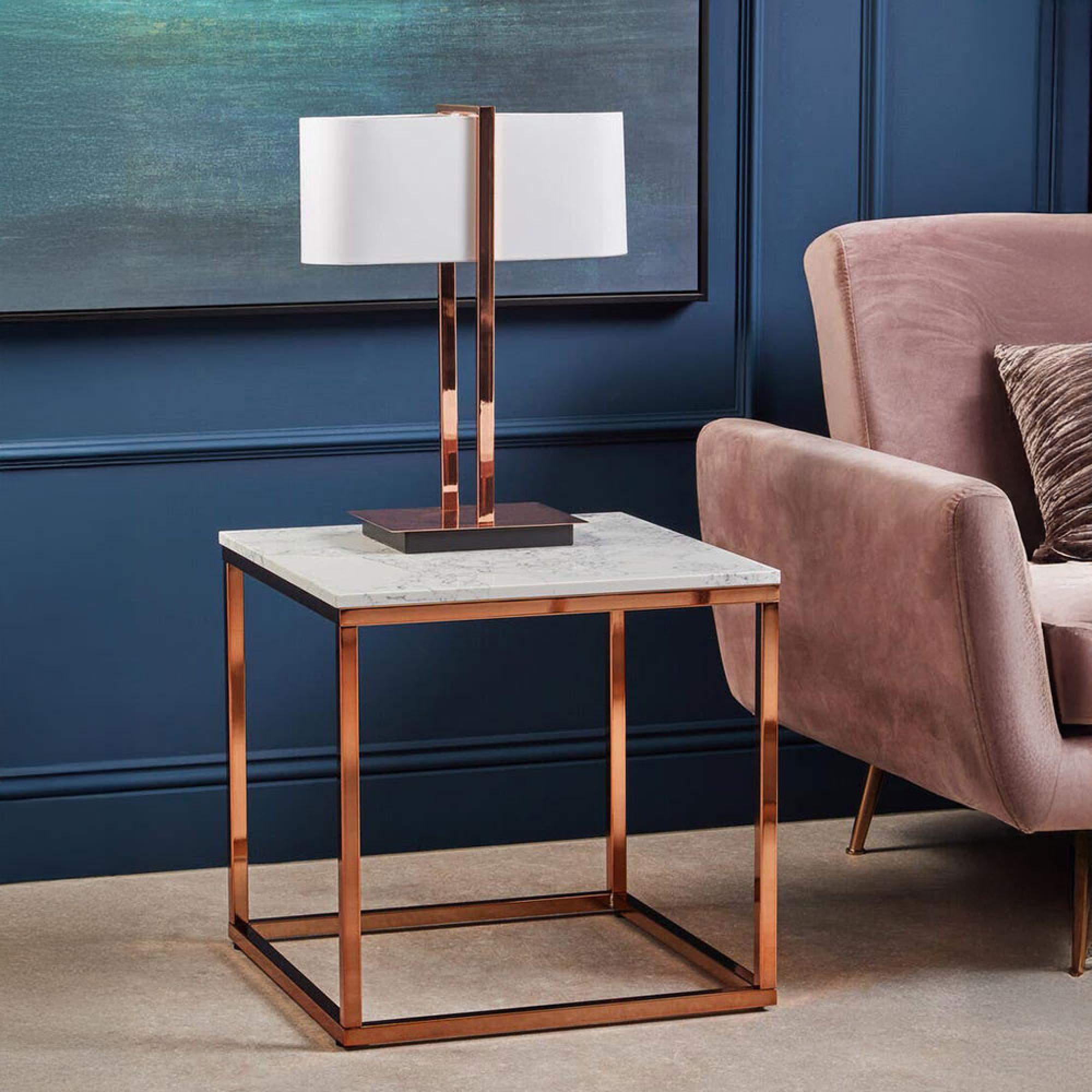 Allure End Table - Square - White Marble - Rose Gold Base