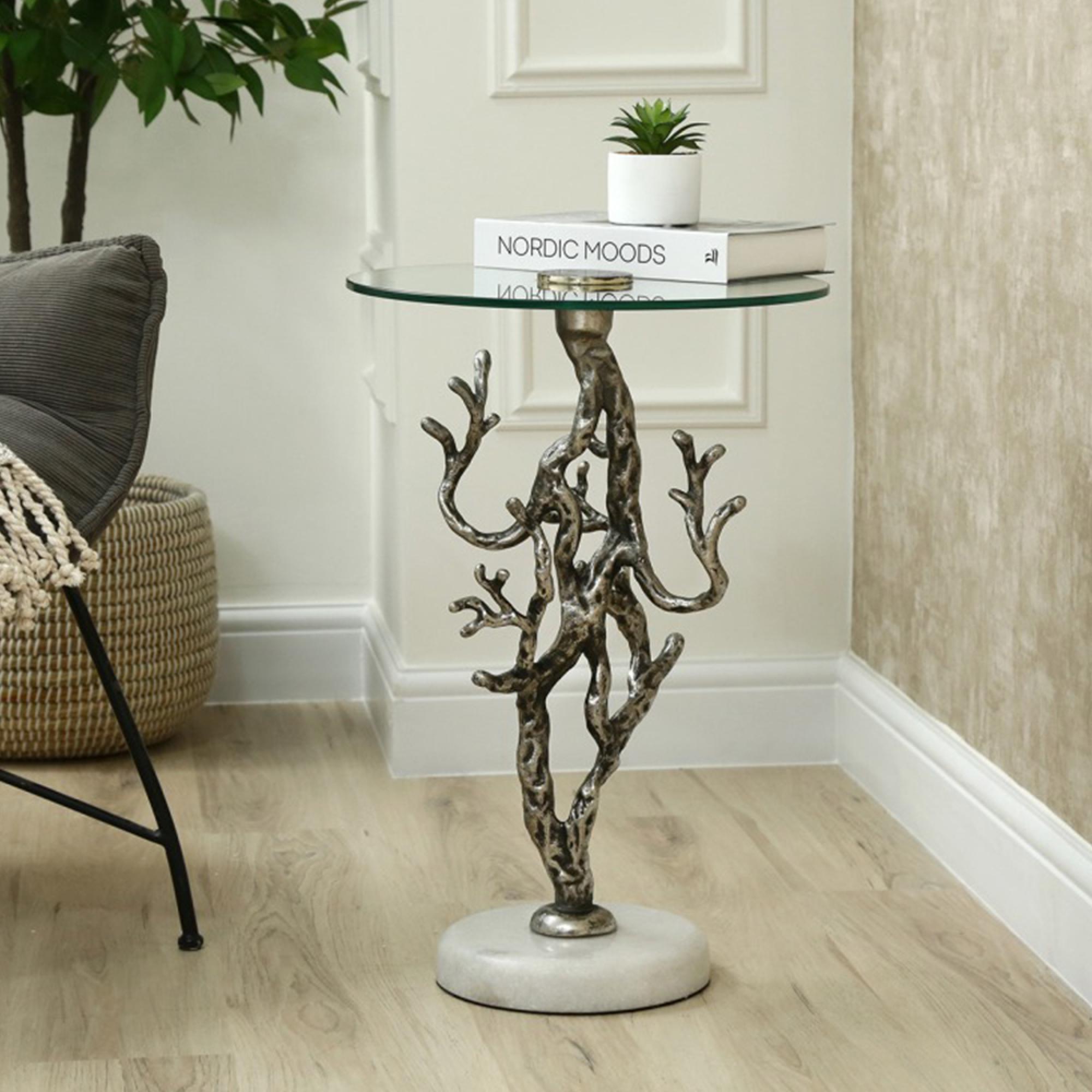 Side Table - Round - Antique Silver Twig Metal and Glass