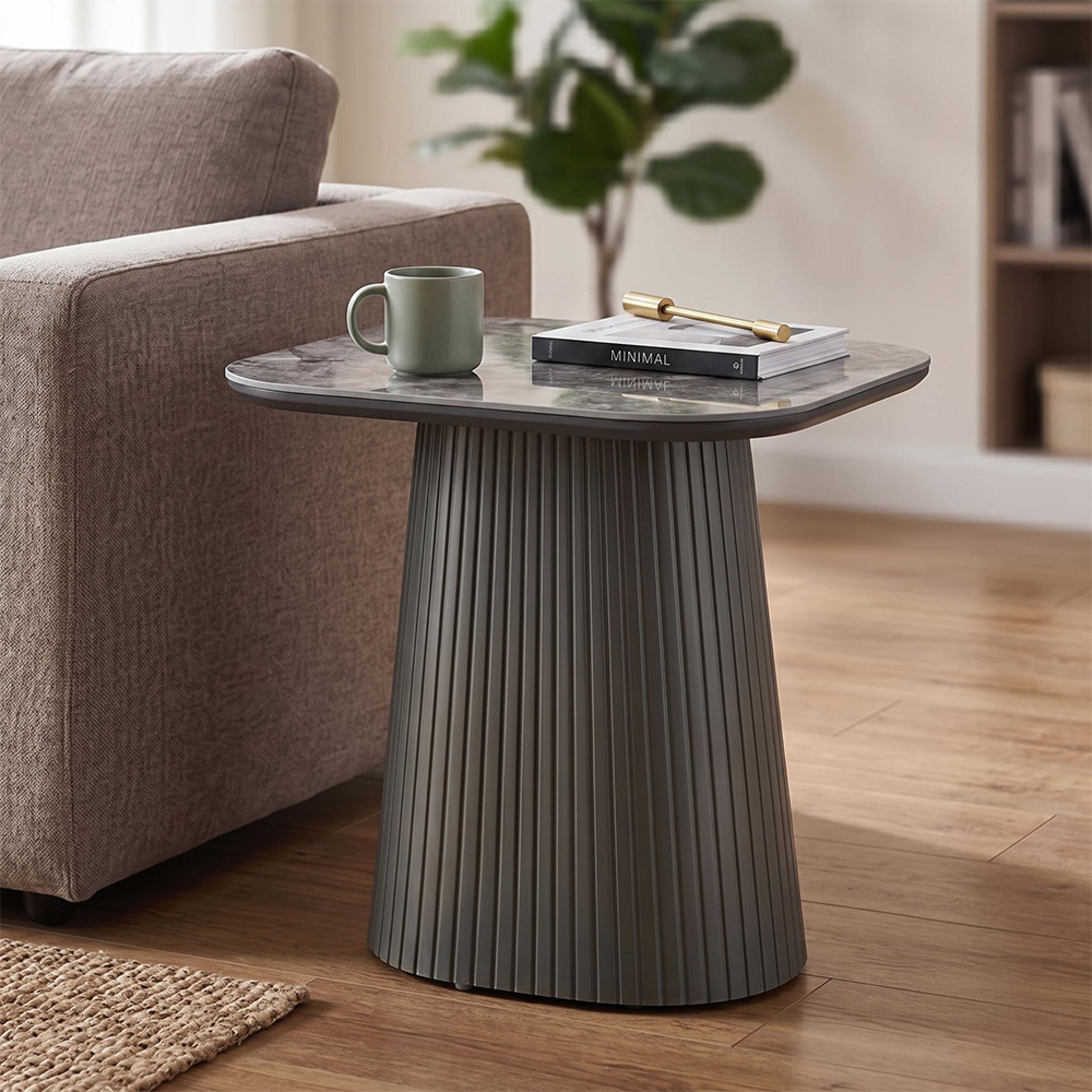 Barletta End Table - Square - Fluted Base - Dark Grey - Sintered Stone and Wood