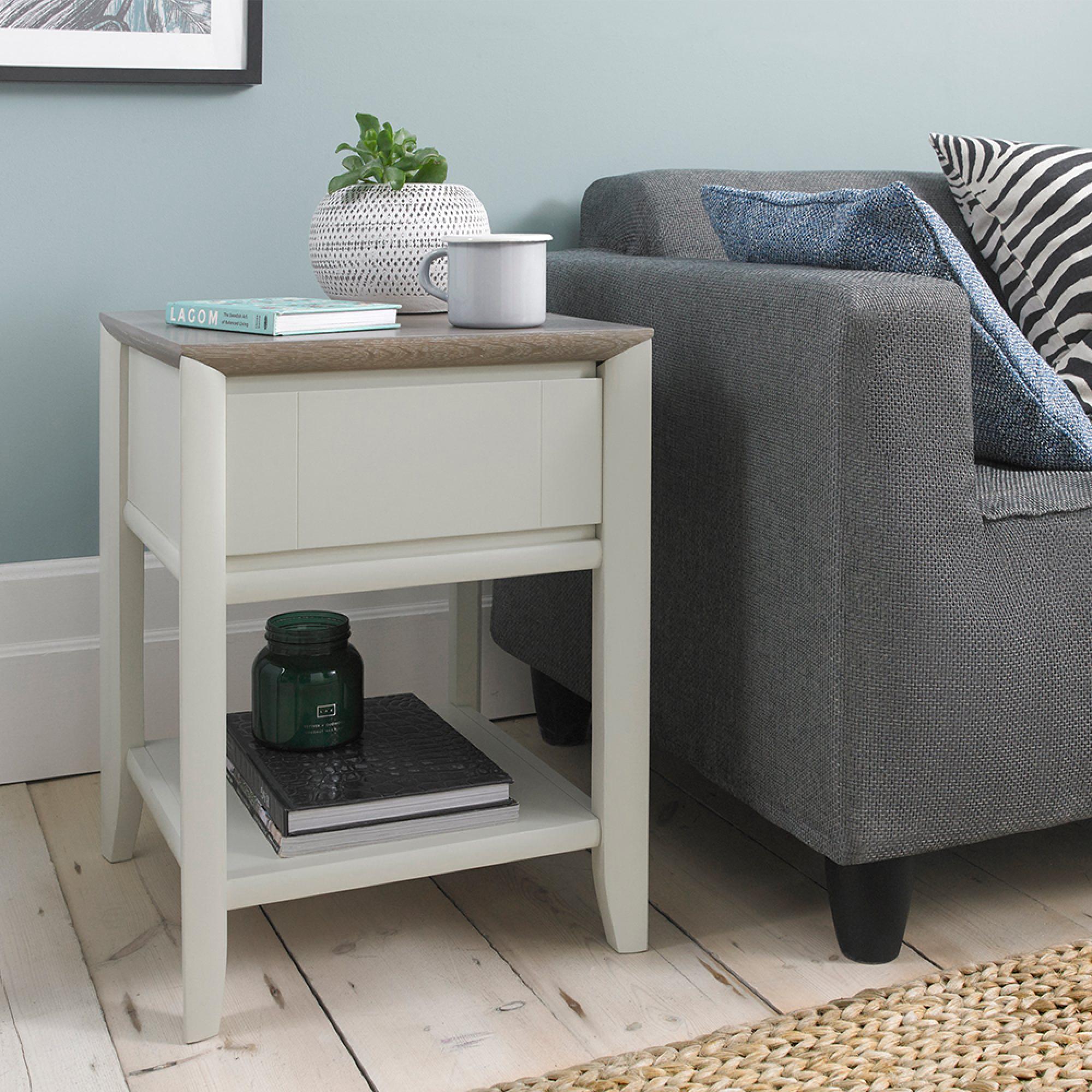 Bergen Grey Washed Oak & Soft Grey Lamp Table - Drawer