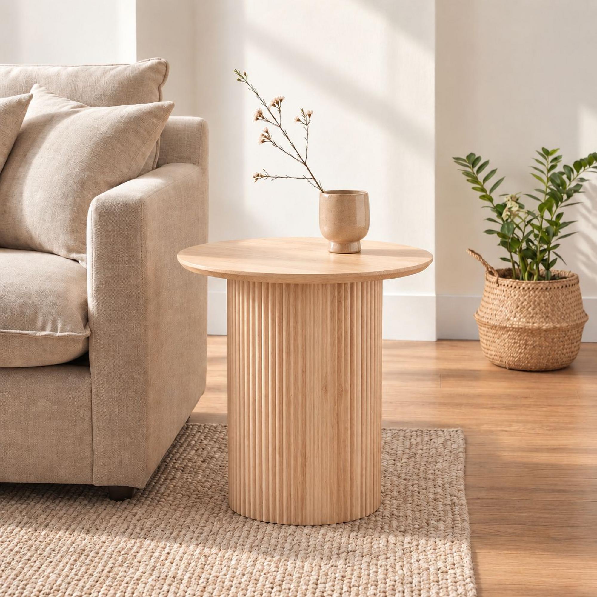 Bern Round End Table - Oak - Fluted - Drum Base
