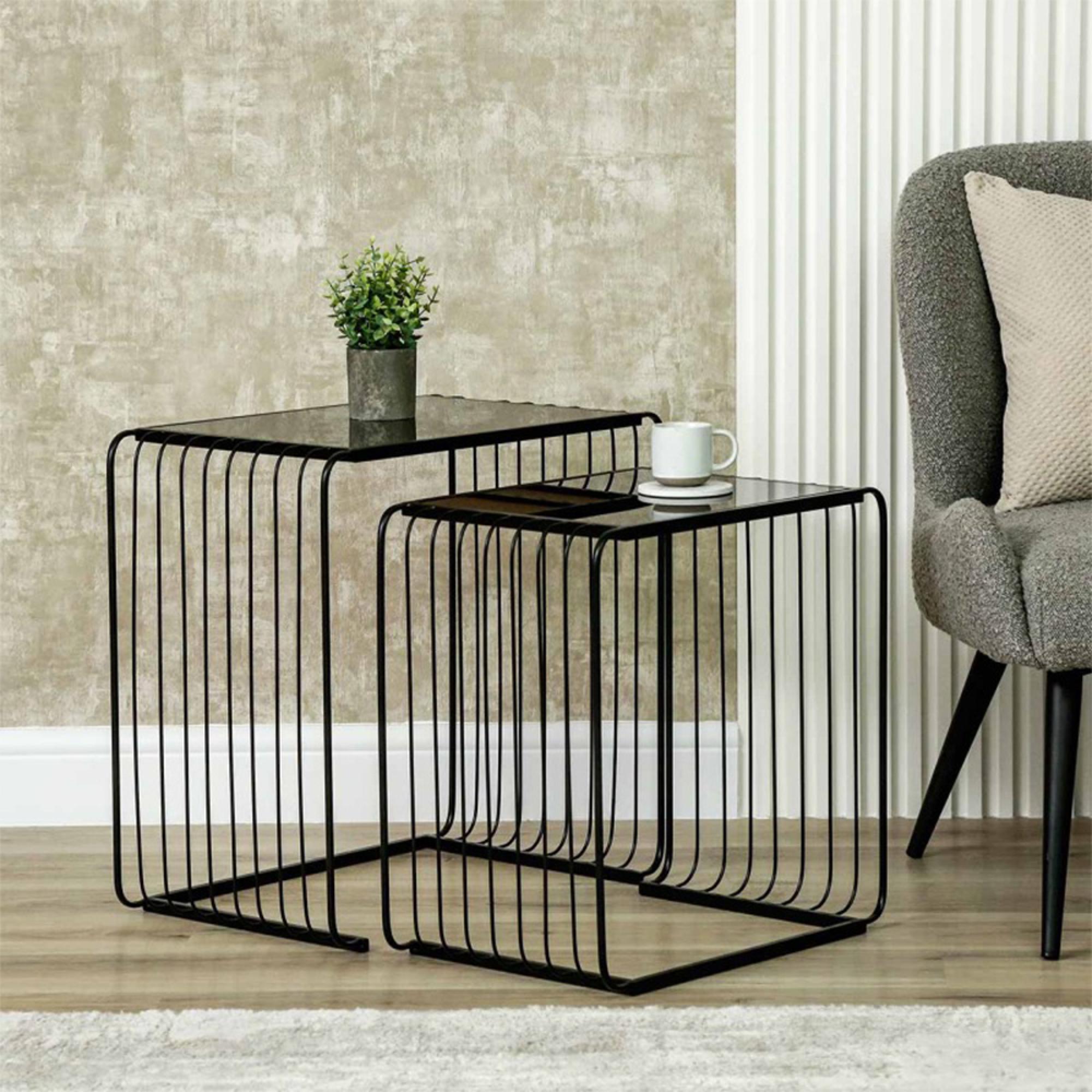 Nest of Tables - Black Glass and Metal - Set of 2