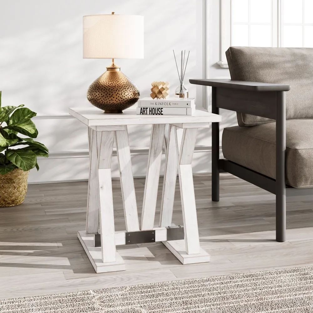 Clearance - Farmhouse Side Table - Trestle - White Washed Mango Wood
