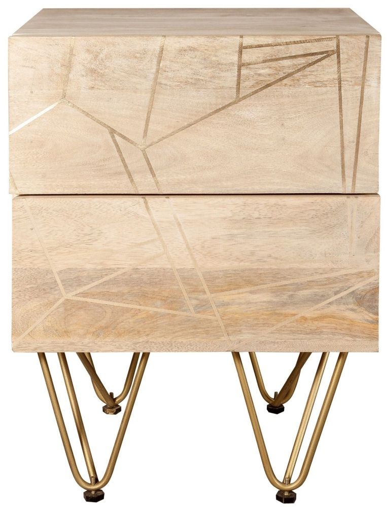 Kaza Side Table - 2 Drawer - Hairpin Legs - Gold Geometric Inlay - Light Mango Wood