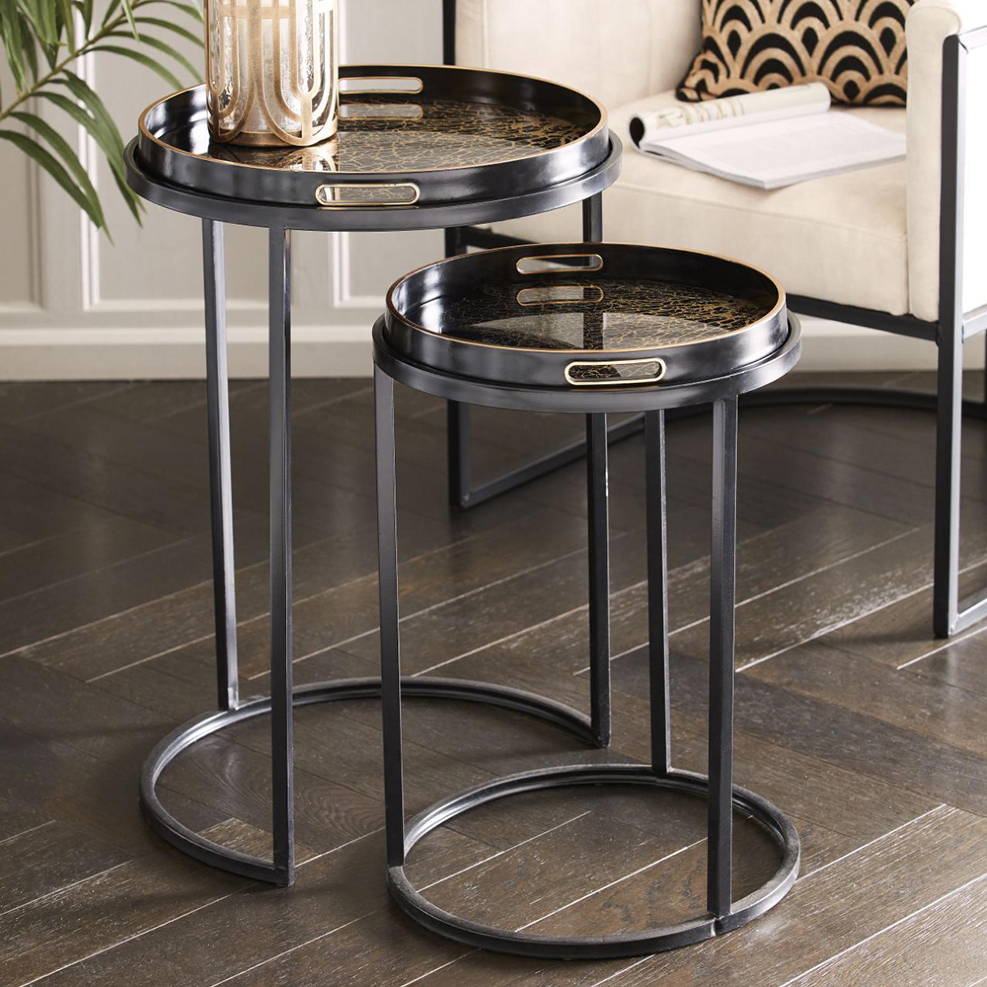 Coral Design Side Tray Table - Gold and Black Metal - Round - Set of 2