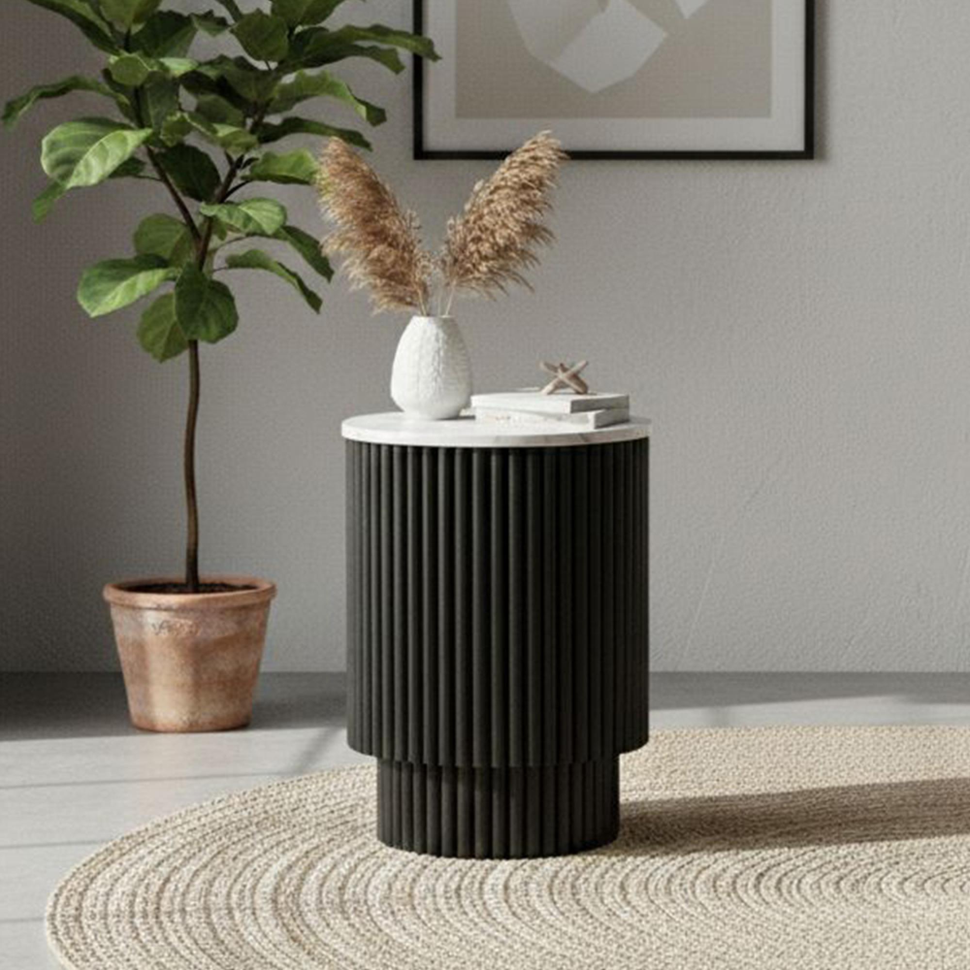 Lucas Black Side Table - 1 Door Round Fluted - White Marble Top