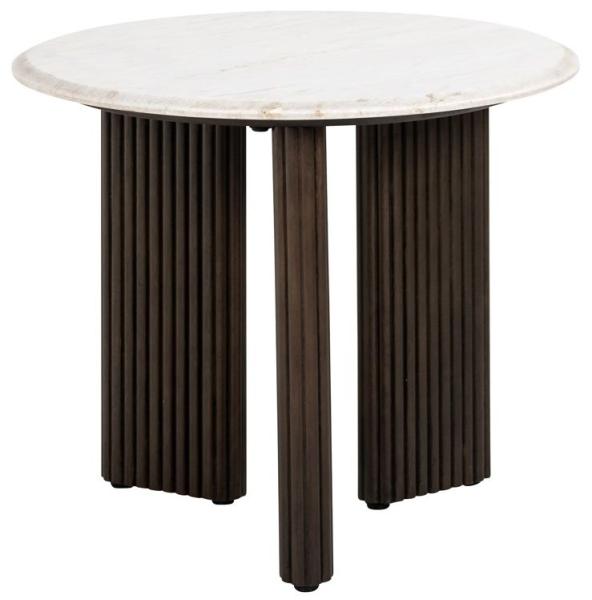 Mayfield White Marble Top Round Side Table - Dark Wood Fluted Base