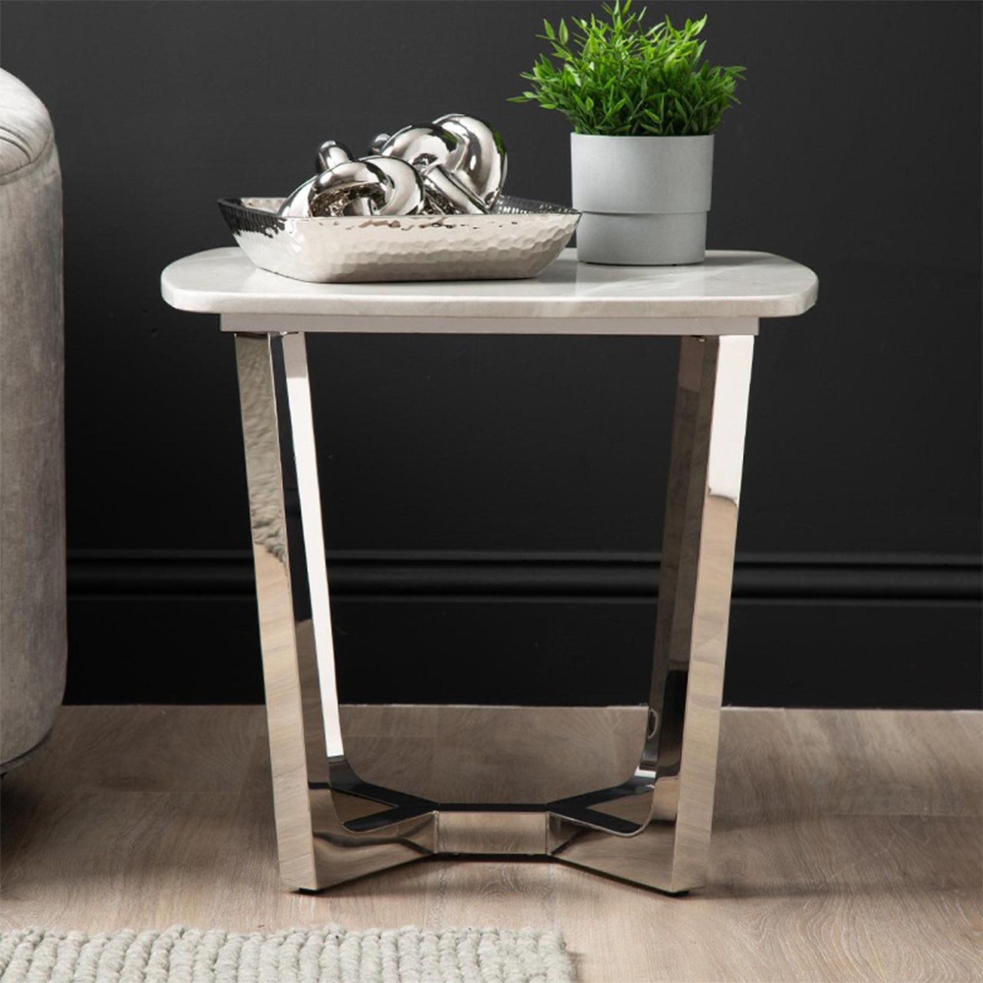 Meghan End Table - Square - Grey Marble and Chrome