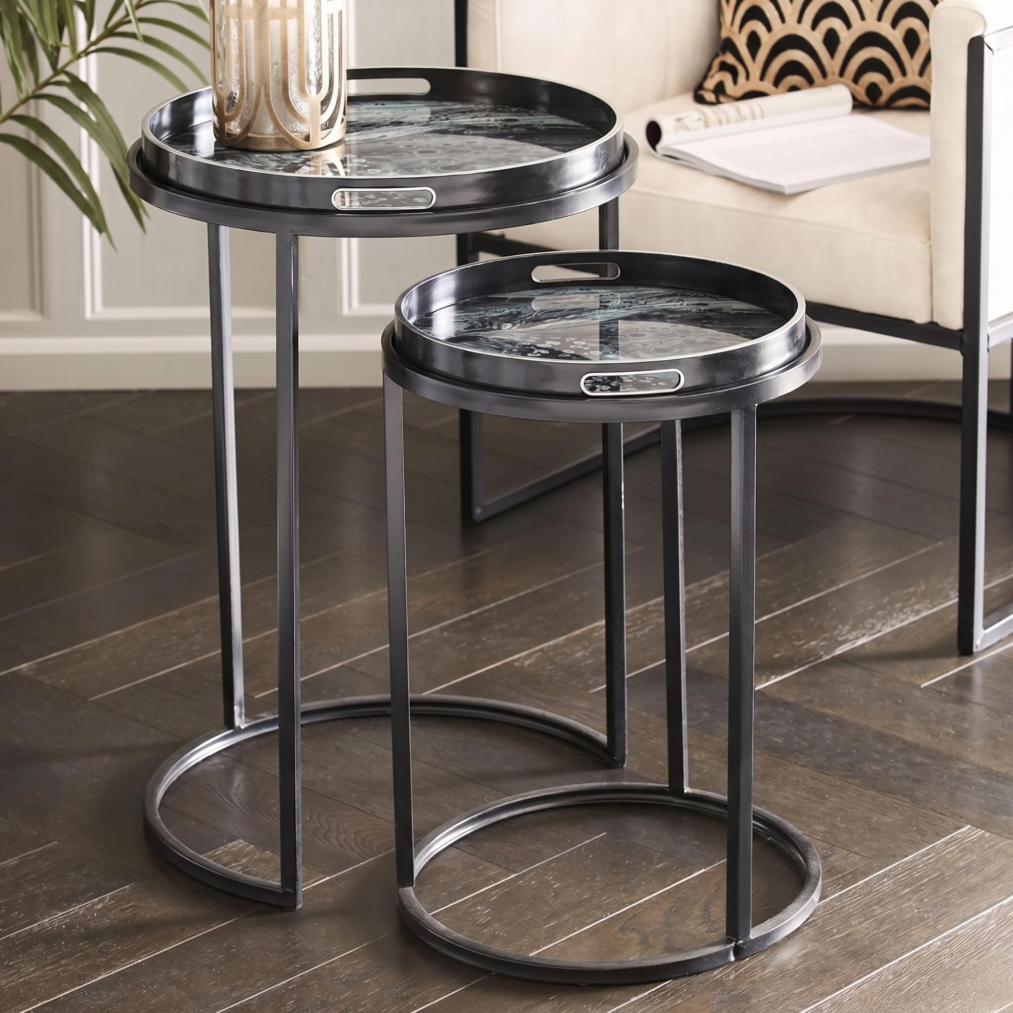 Monochrome Swirl Side Tray Table - Black - Round - Set of 2