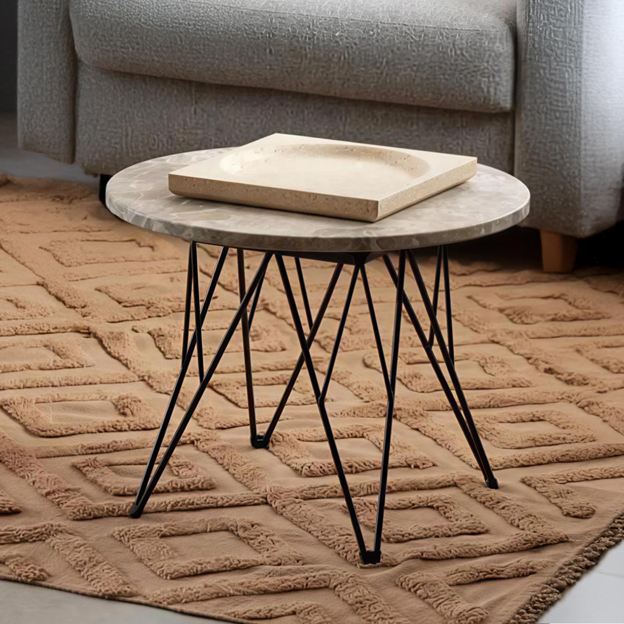 Prunus Side Table - Round - Brown Marble - with Black Hairpin Legs