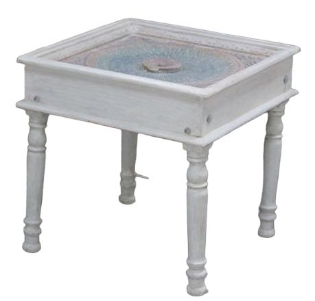 Rewa Side Table - Glass Top - Carved - Hand Painted