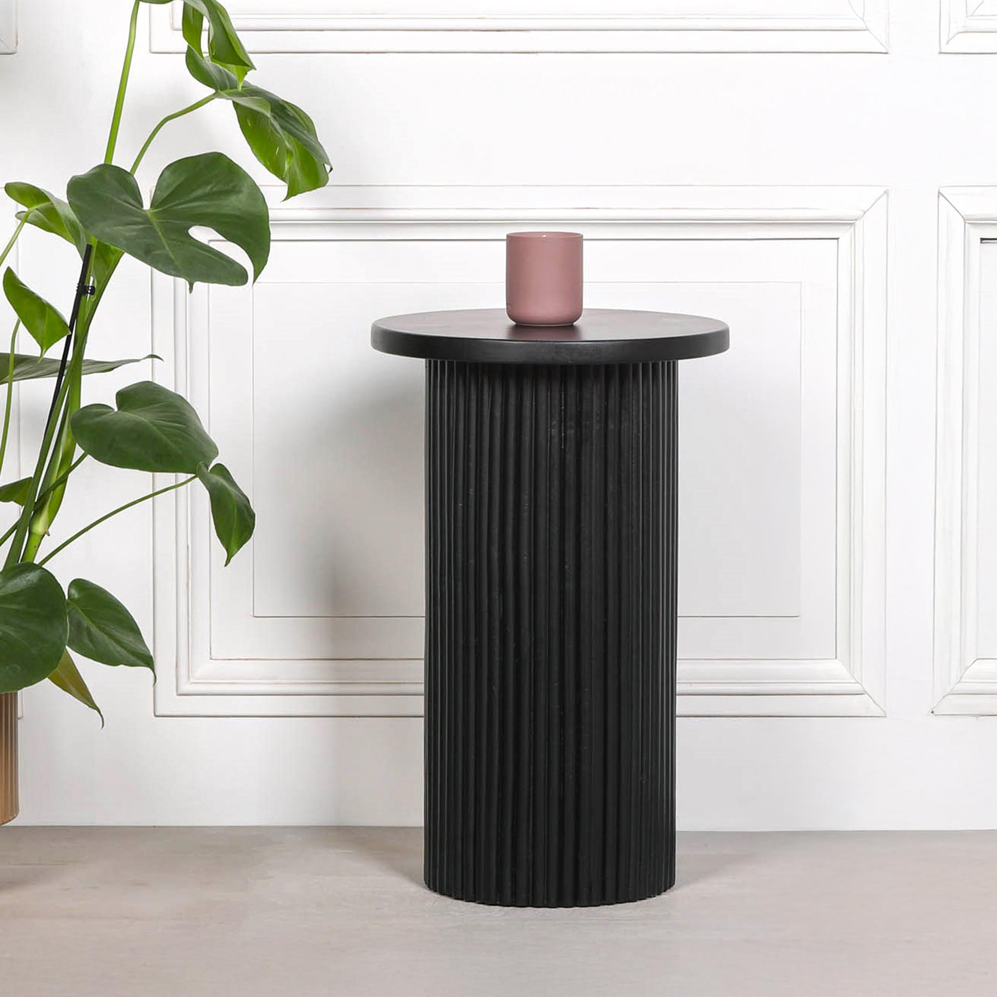 Ribbed Mango Wood Side Table - Black - Round - Occasional