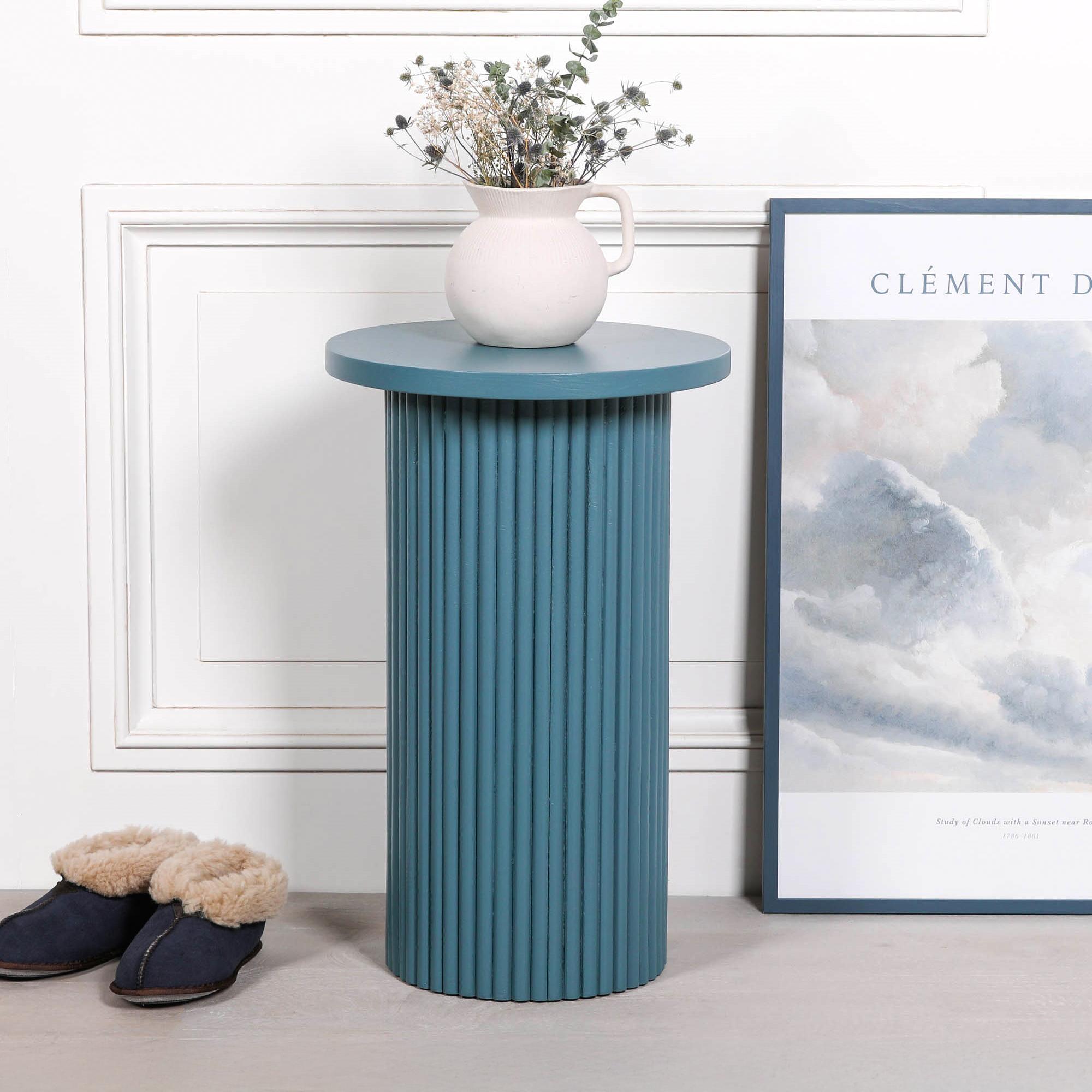 Ribbed Mango Wood Side Table - Ocean Blue - Round - Occasional