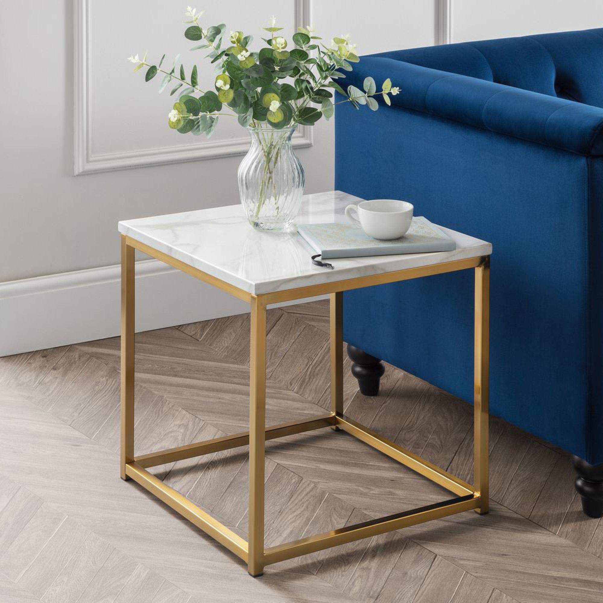 Scala Lamp Table - Square - White Marble Effect and Gold