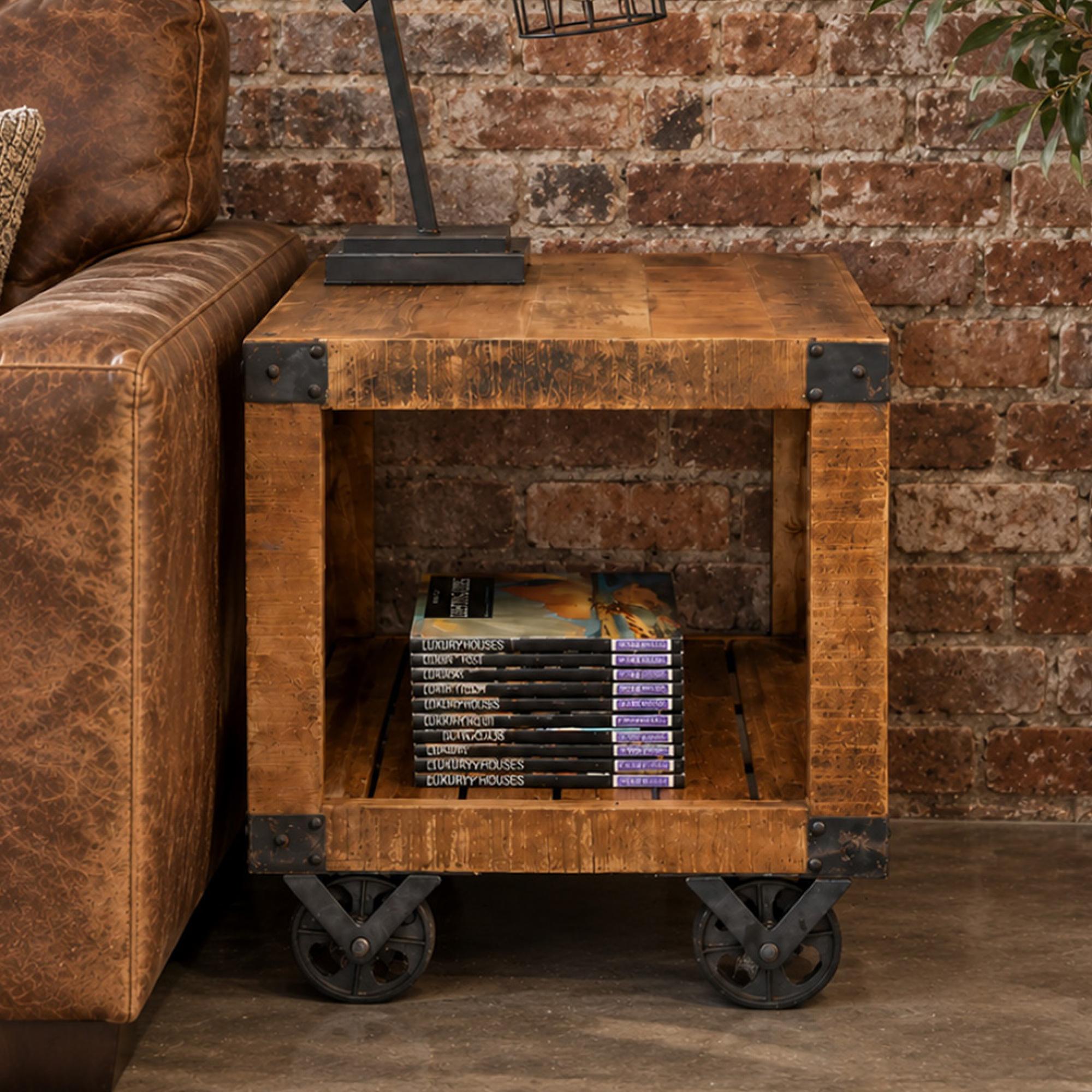 Side Table - Industrial Mango Wood - Square - on Wheels