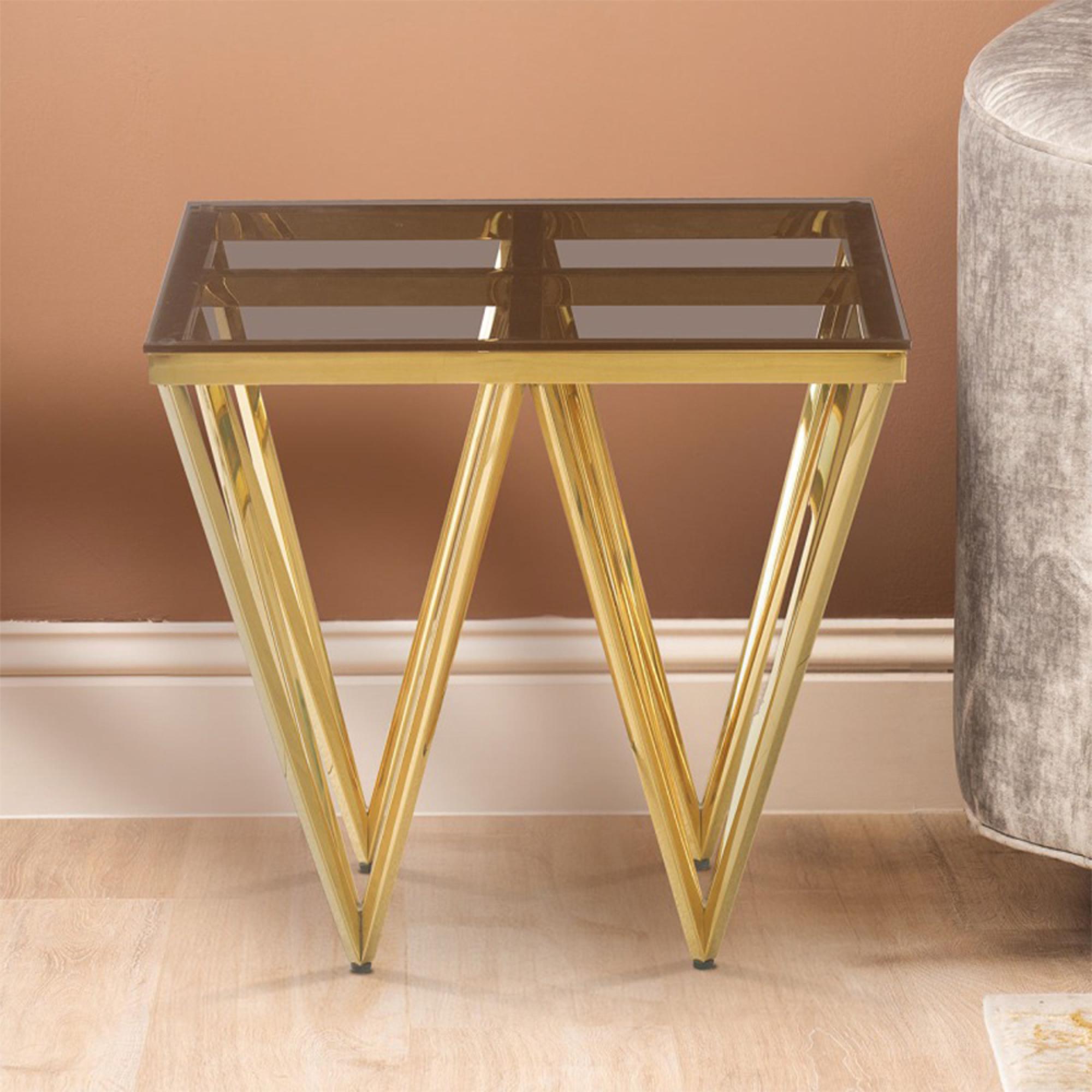End Table - Square - Smoked Glass and Gold Metal
