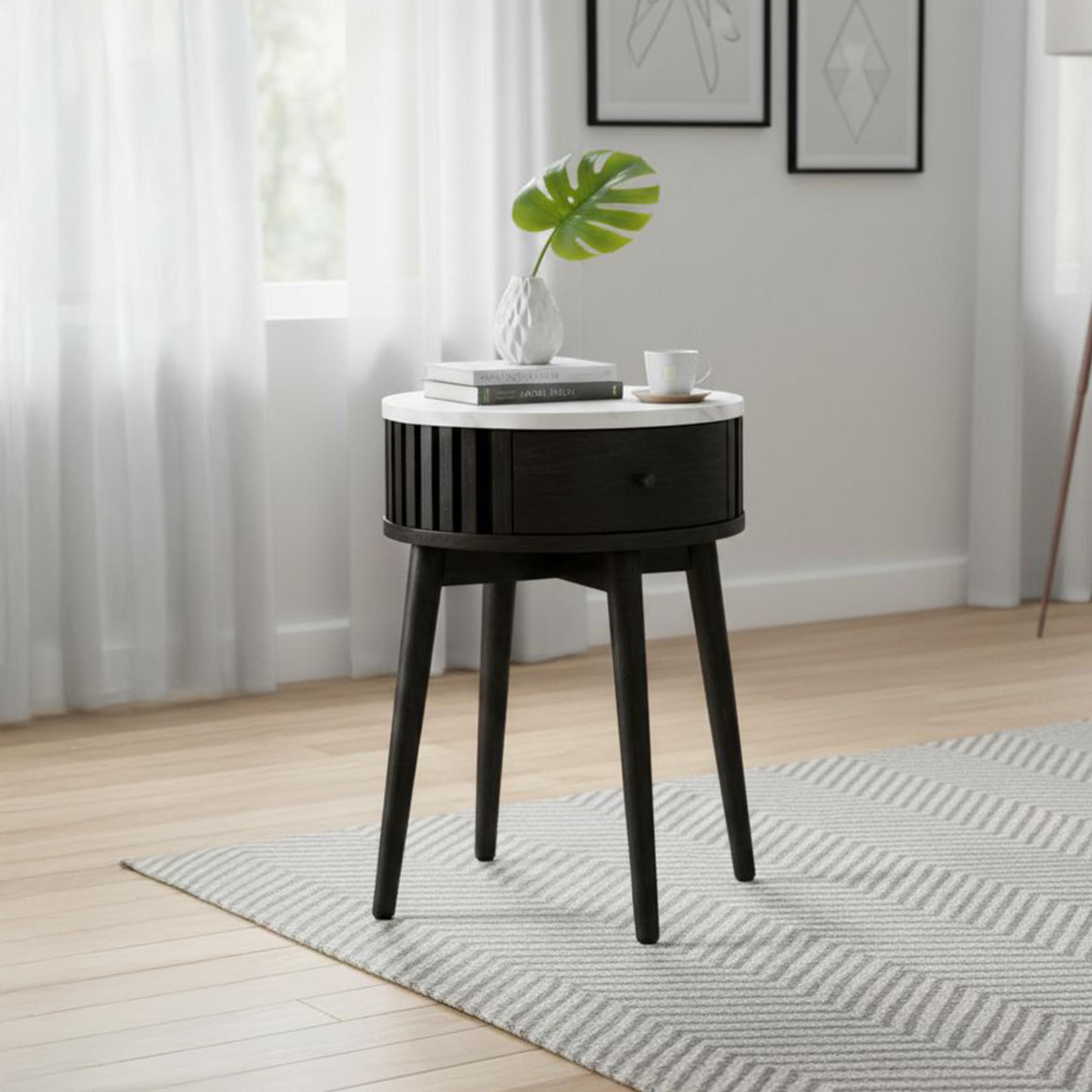 Soho Black Side Table - 1 Drawer - Slatted Round - White Marble Top