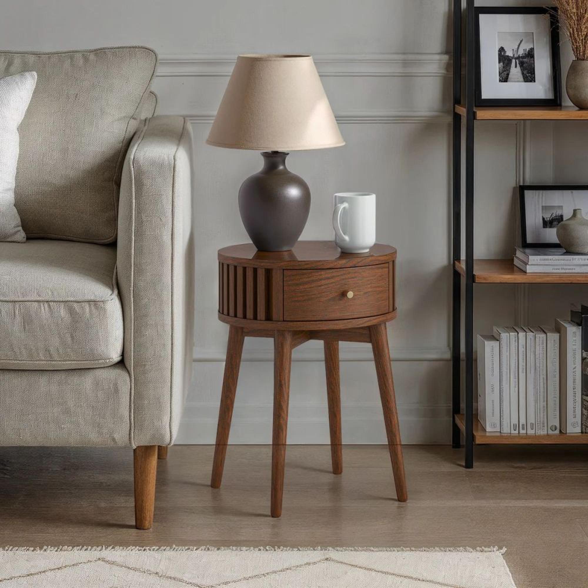 Soho Side Table - 1 Drawer - Slatted Round - Dark Oak