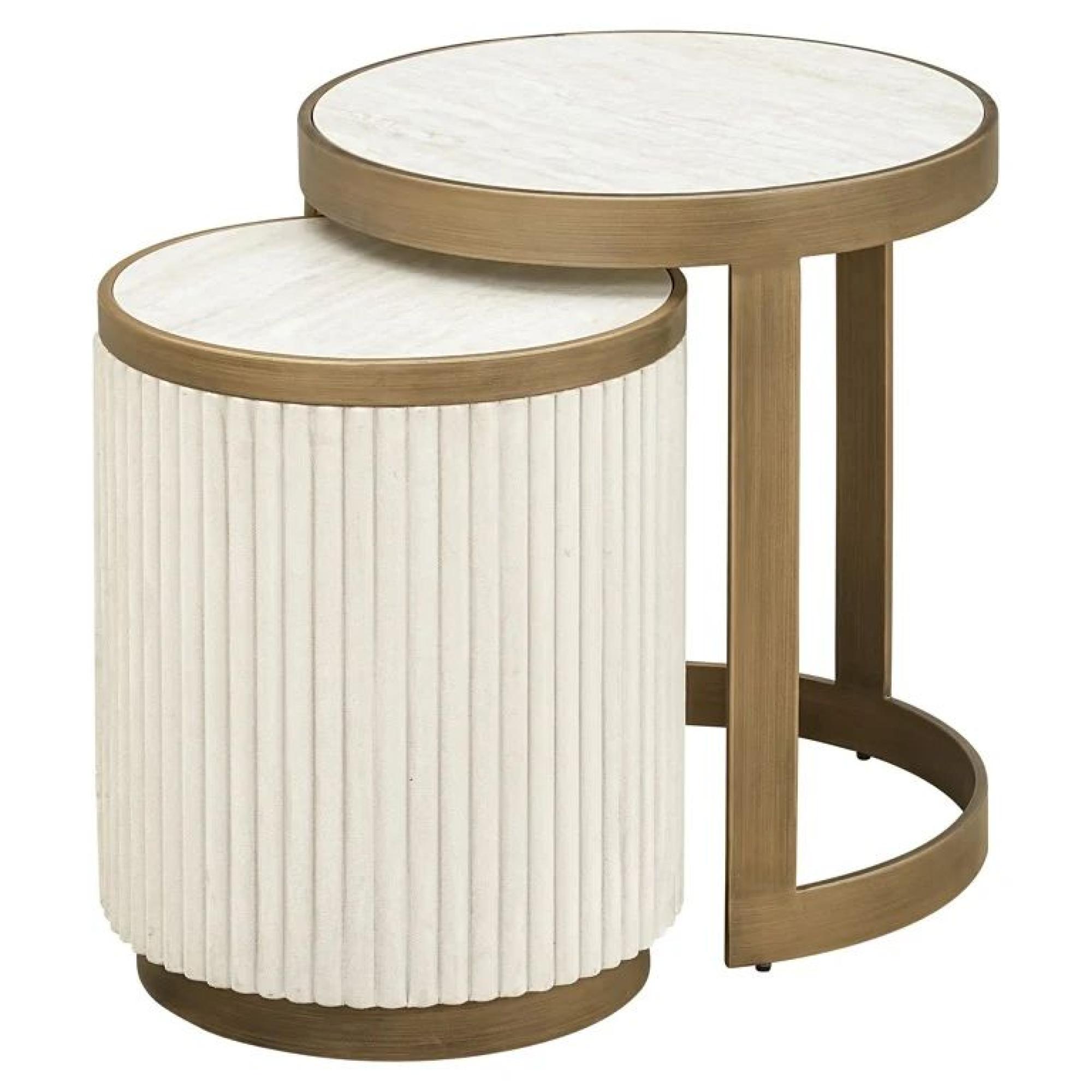 Tivoli White Ribbed Set of 2 Round End Tables with Gold Trim