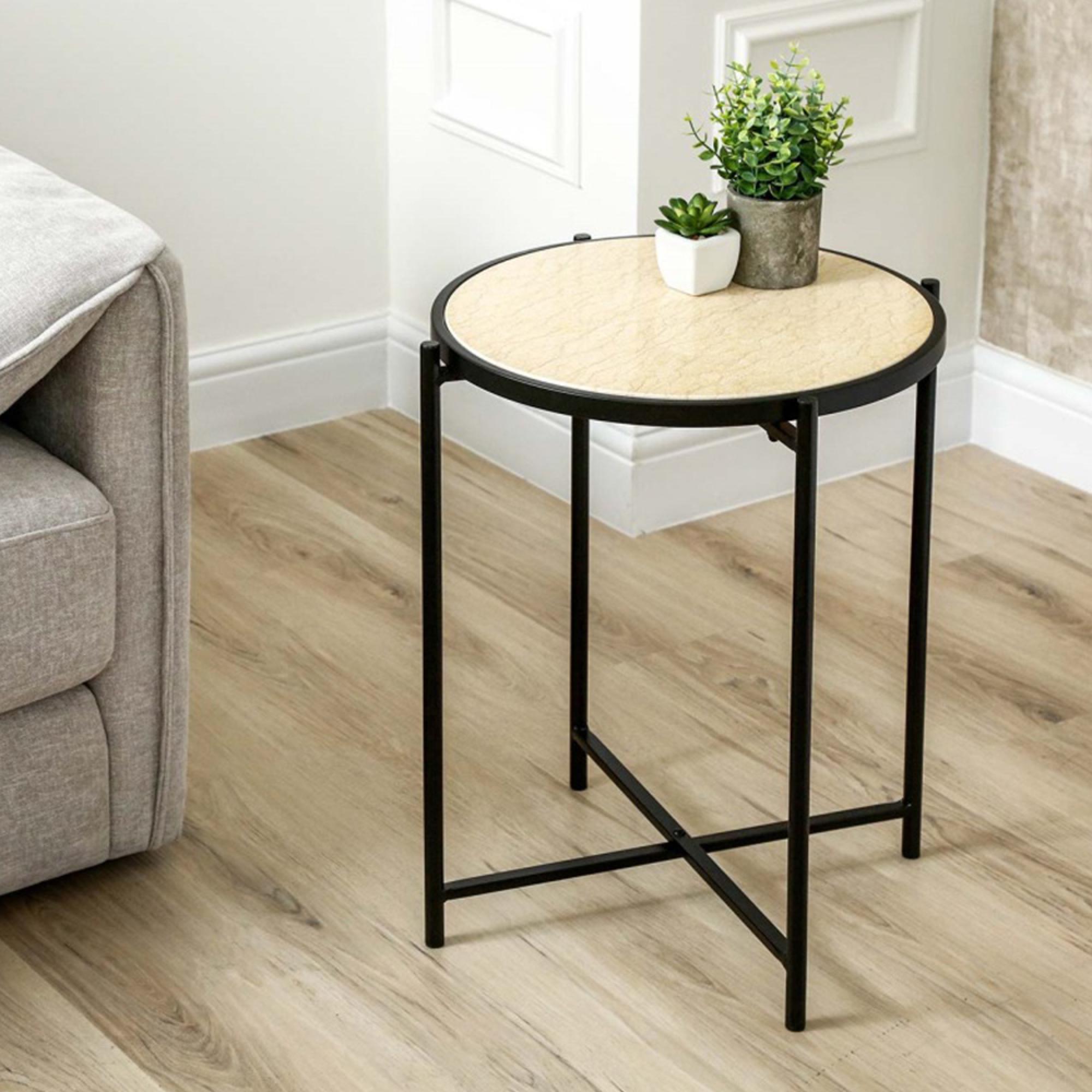 End Table - Round - Travertine Marble and Black Metal