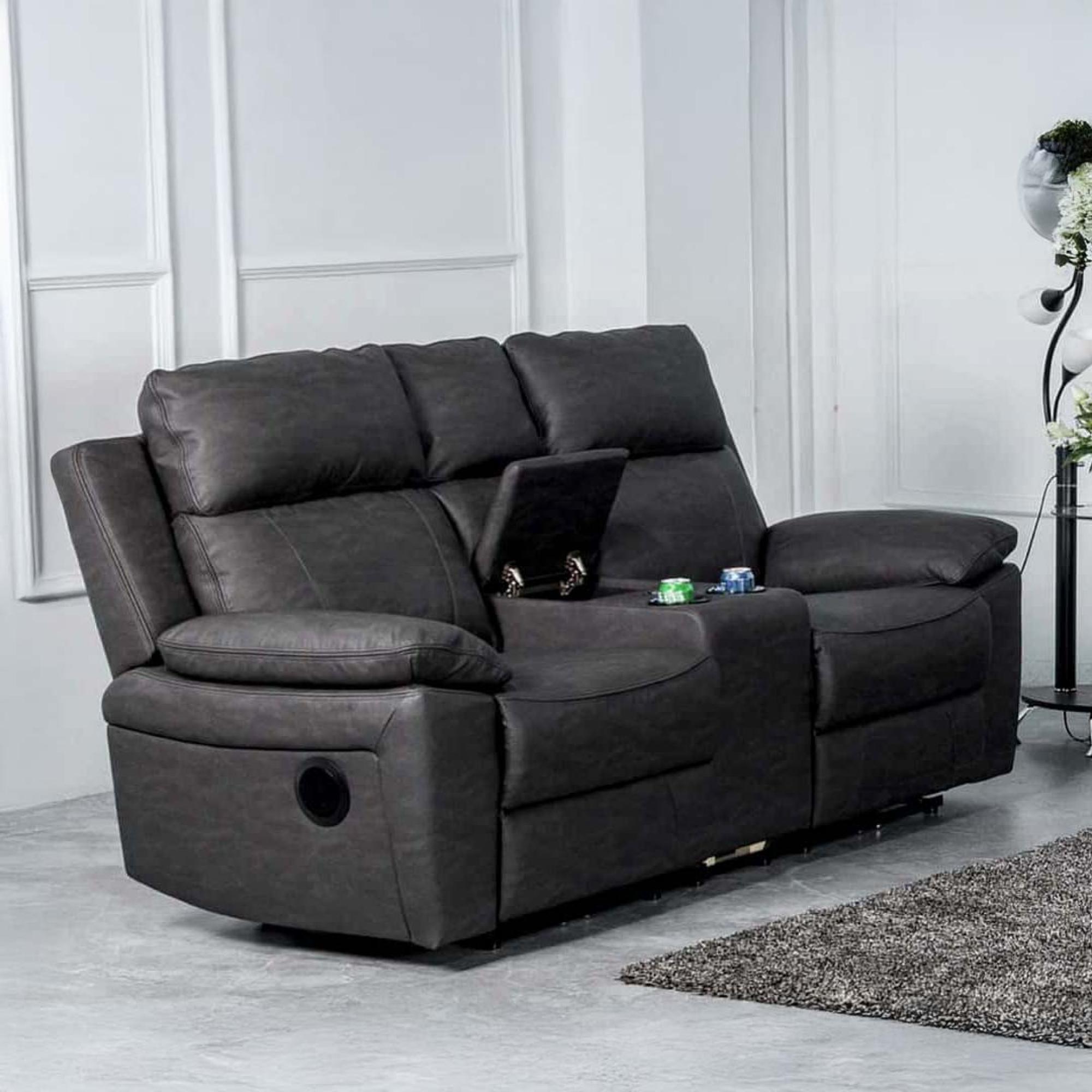 Huntington Electric Recliner Sofa with Console - 2 Seater - Dark Grey Leather Look Fabric